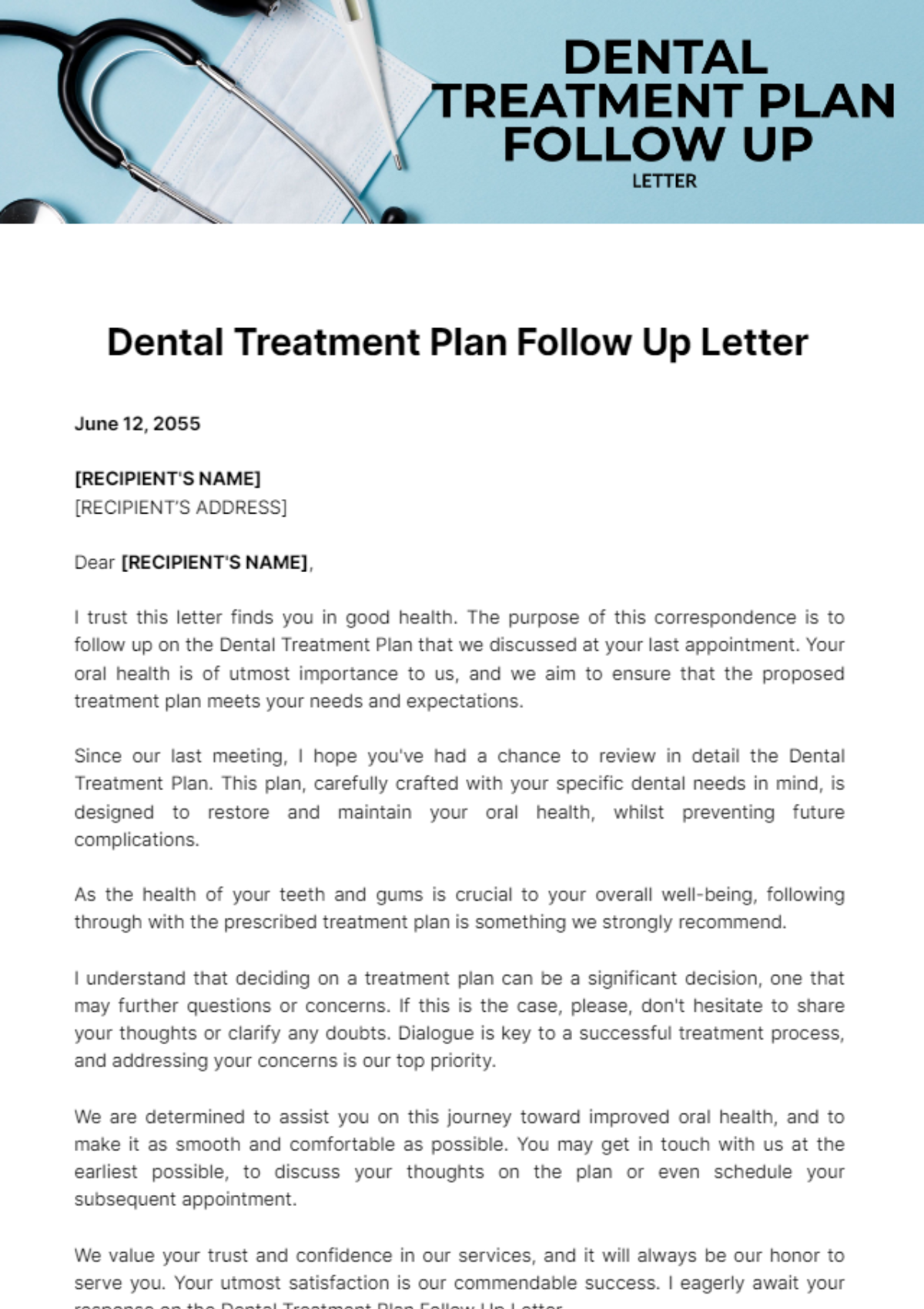 Free Dental Treatment Plan Follow Up Letter Template