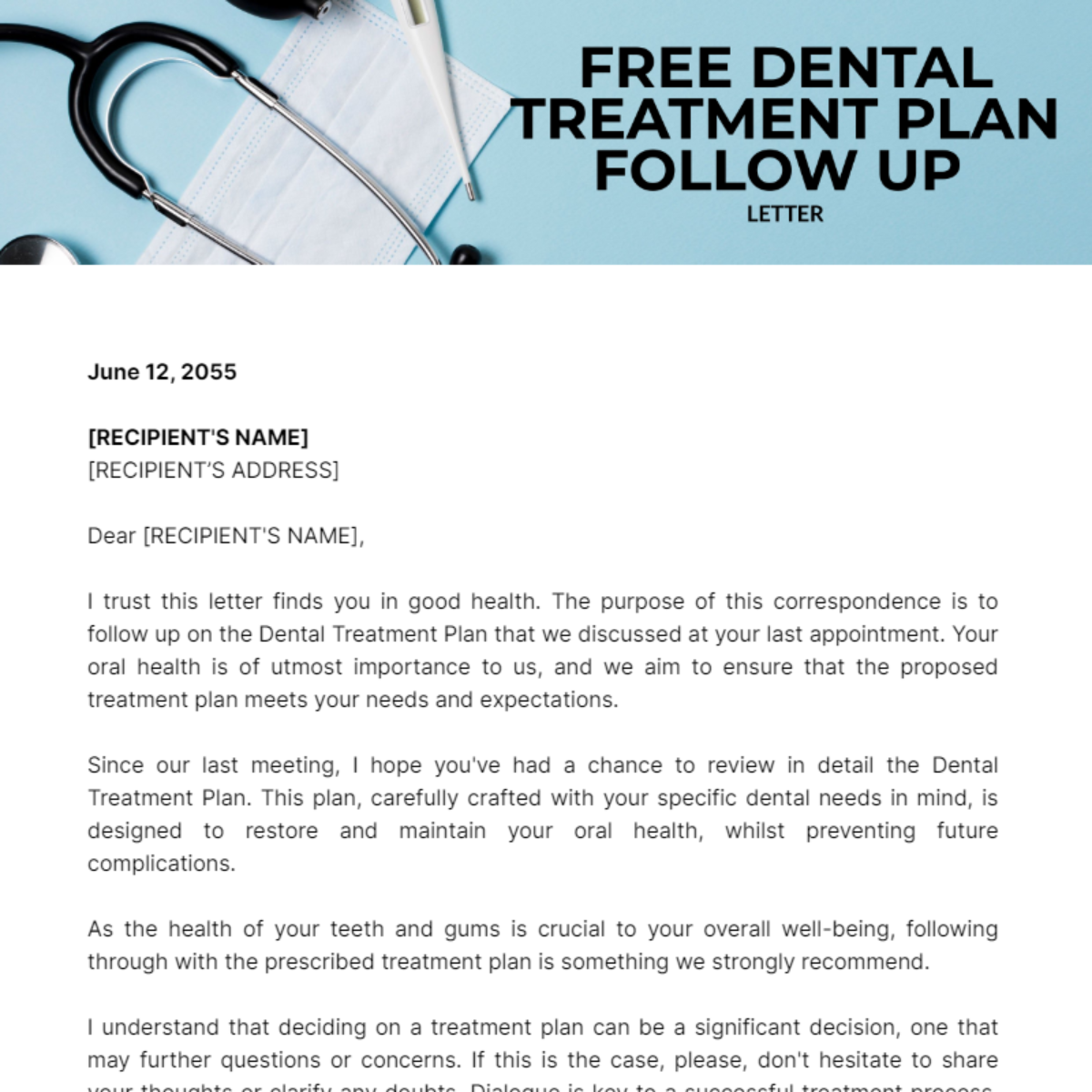 Dental Treatment Plan Follow Up Letter Template