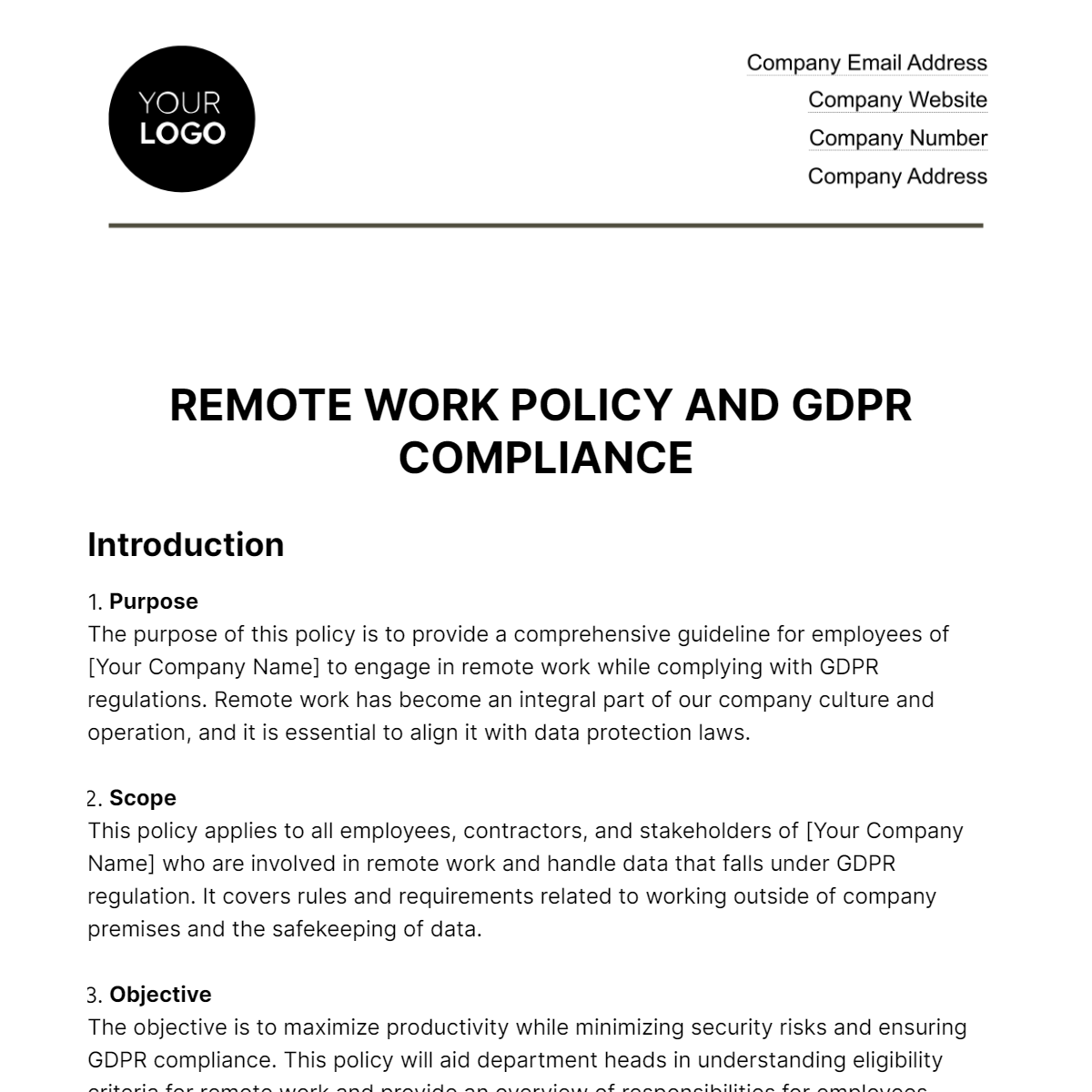 Remote Work Policy and GDPR Compliance HR Template