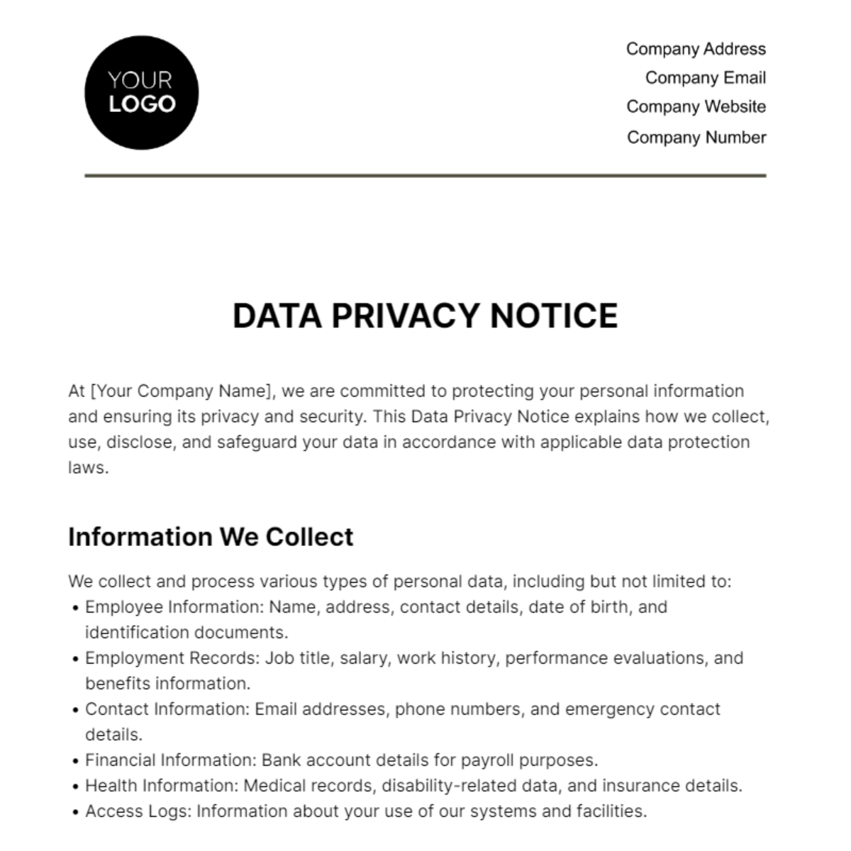 Data Privacy Notice HR Template - Edit Online & Download