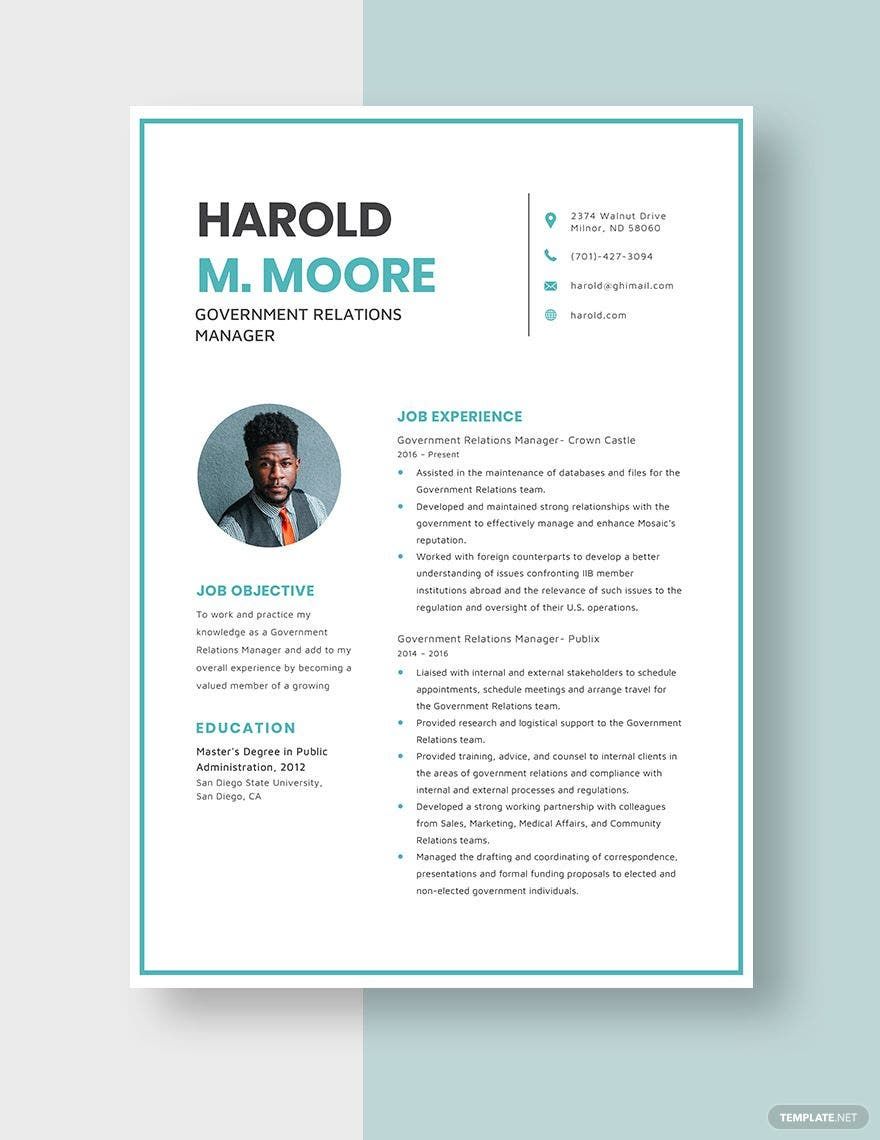 Free Government Relations Manager Resume in Word, Apple Pages