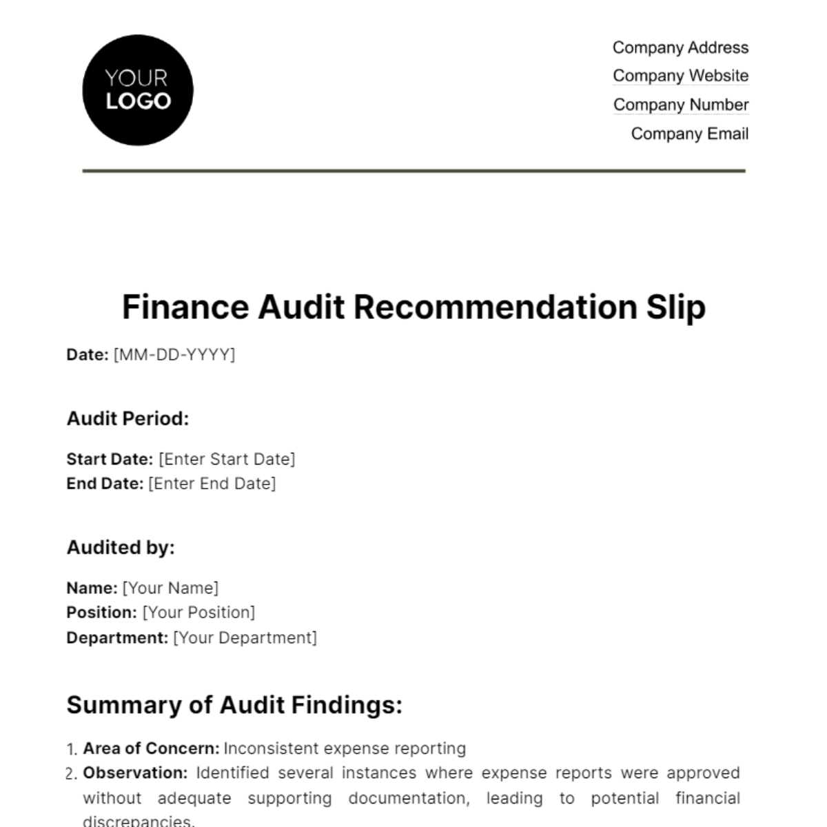 Free Finance Audit Recommendation Slip Template