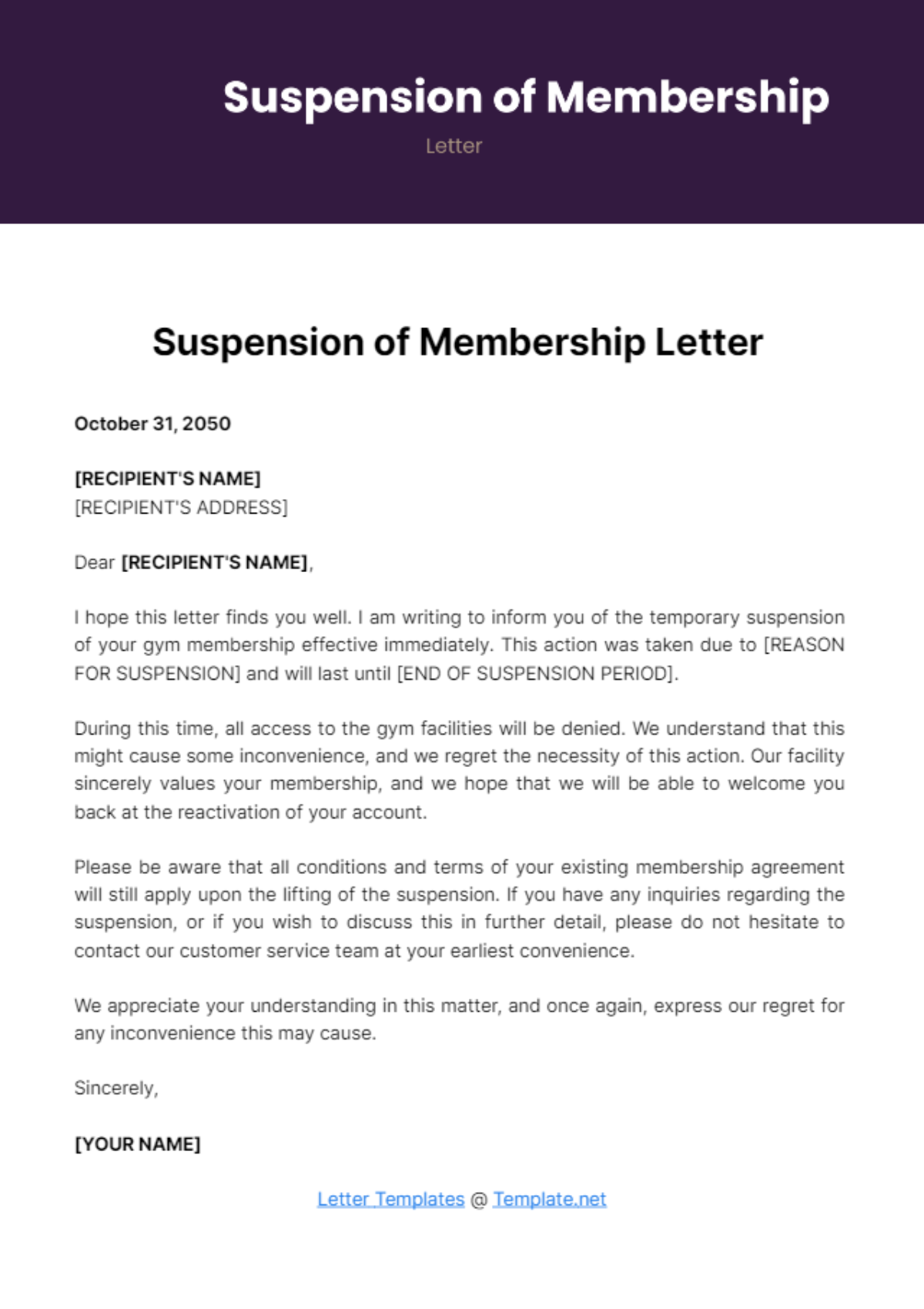 Free Suspension of Membership Letter Template