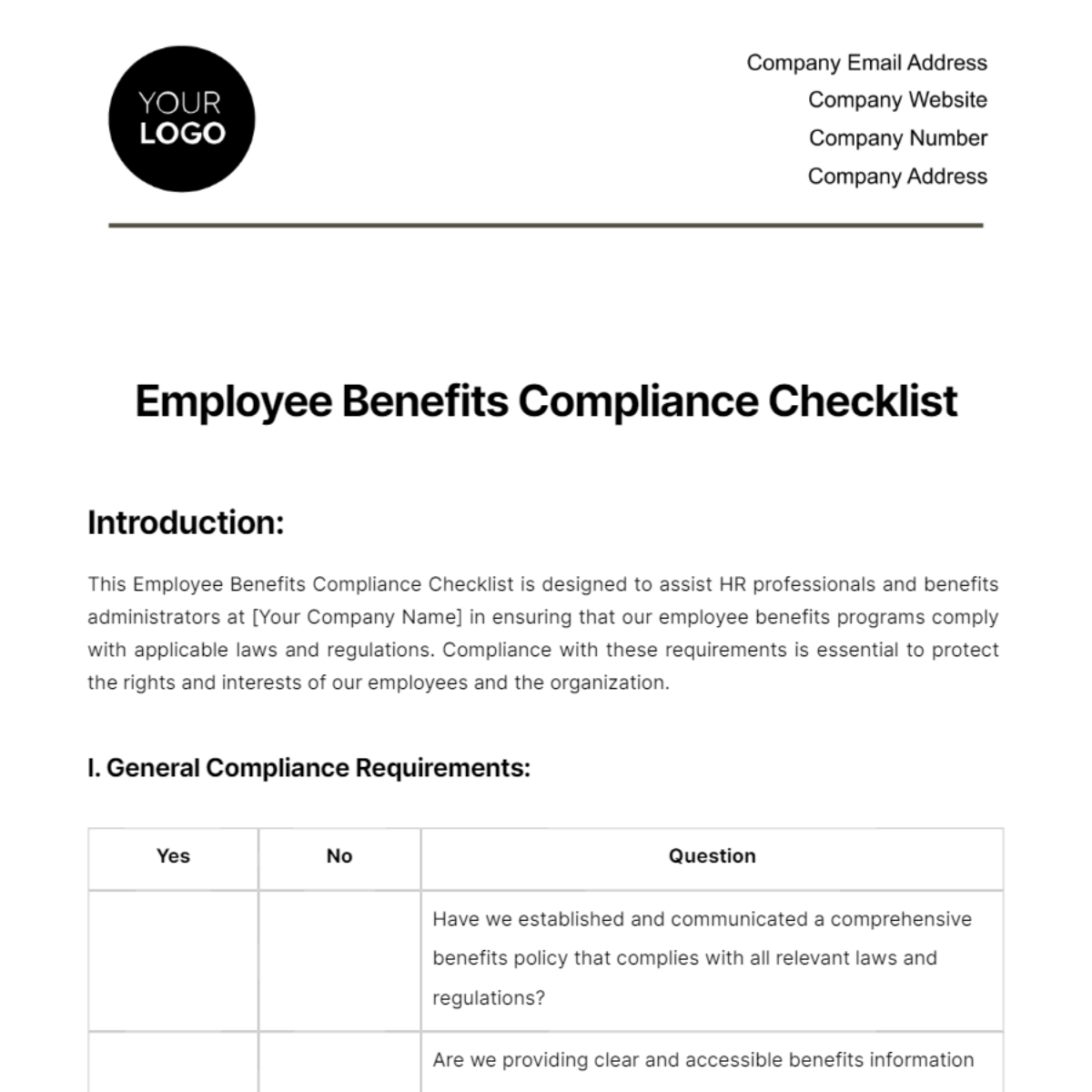 Employee Benefits Compliance Checklist HR Template Edit Online