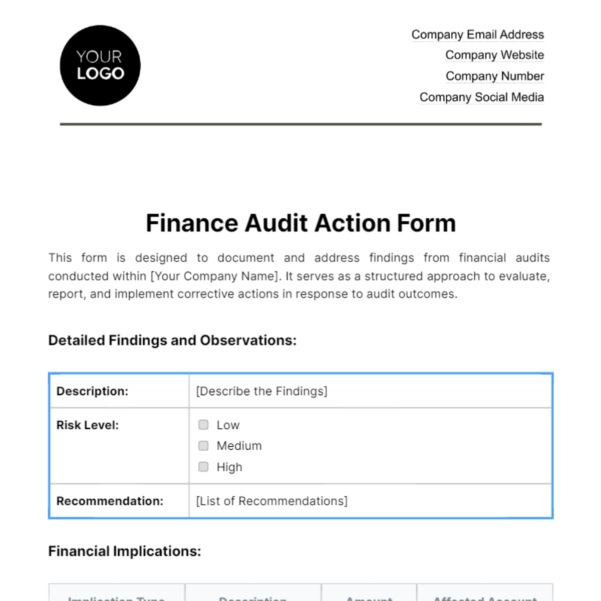 Free Finance Audit Action Form Template