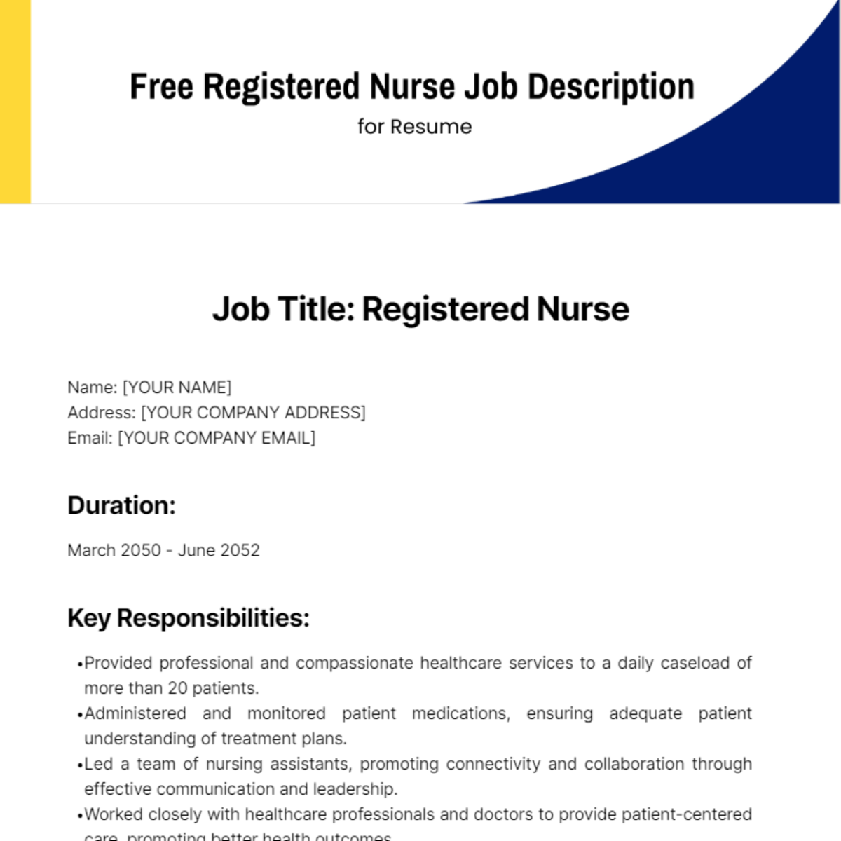 Registered Nurse Job Description for Resume Template - Edit Online & Download