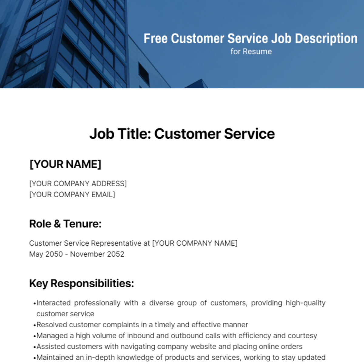 Customer Service Job Description for Resume Template - Edit Online & Download