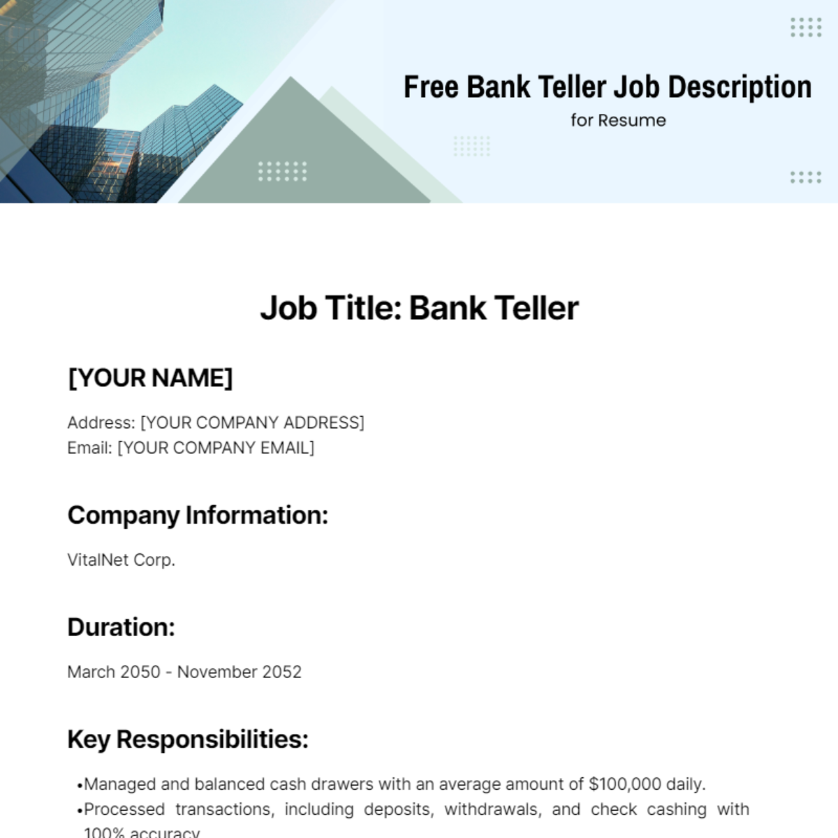 Bank Teller Job Description for Resume Template - Edit Online