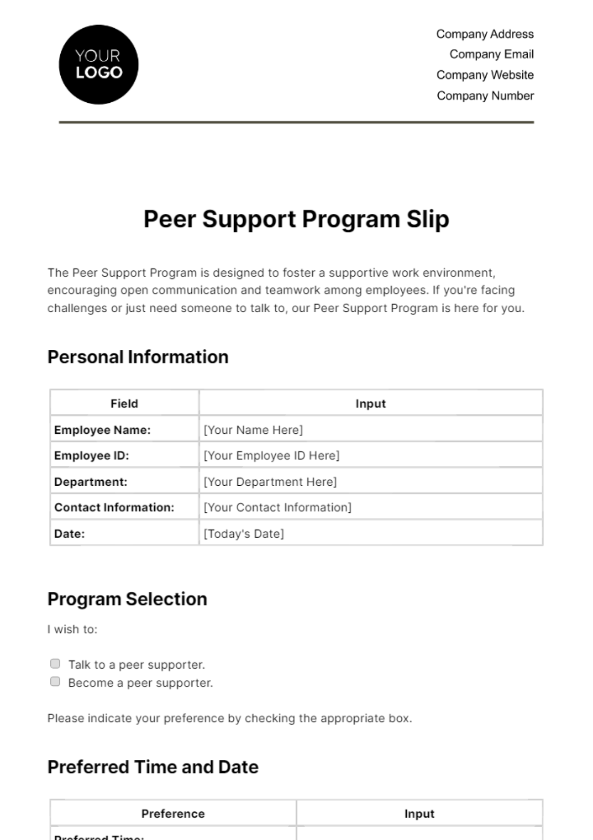 Peer Support Program Slip HR Template