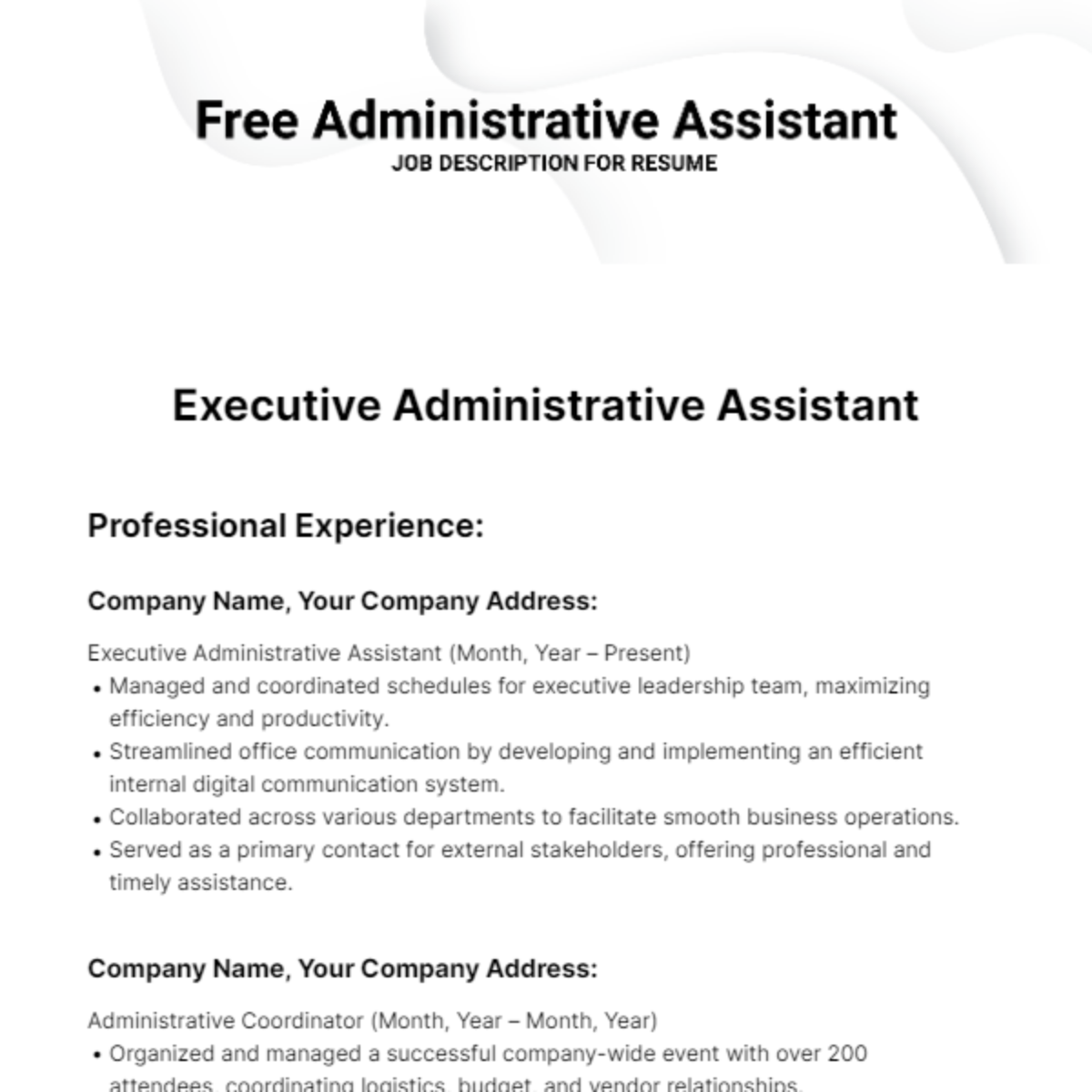 Administrative Assistant Job Description for Resume Template - Edit Online & Download