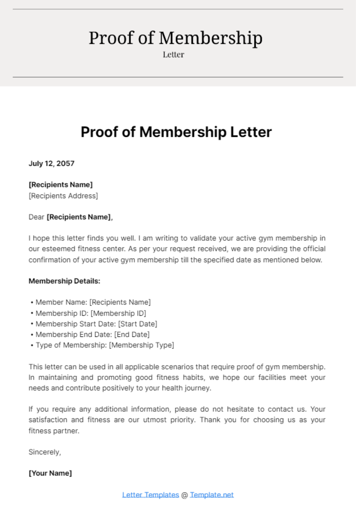 Free Proof of Membership Letter Template