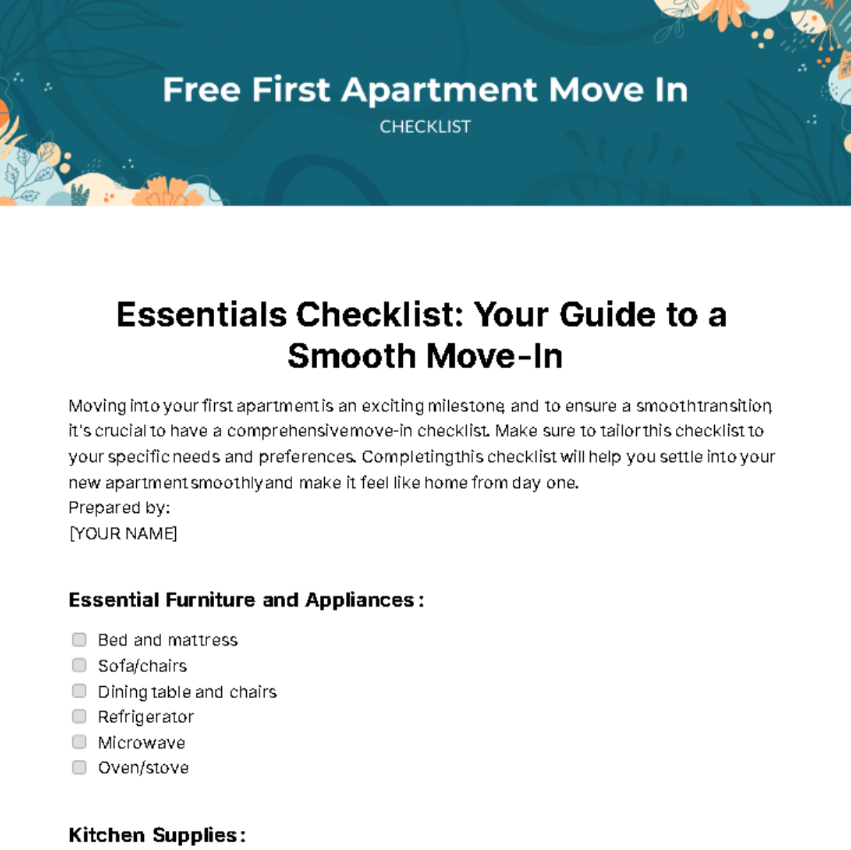 Free First Apartment Move In Checklist Template