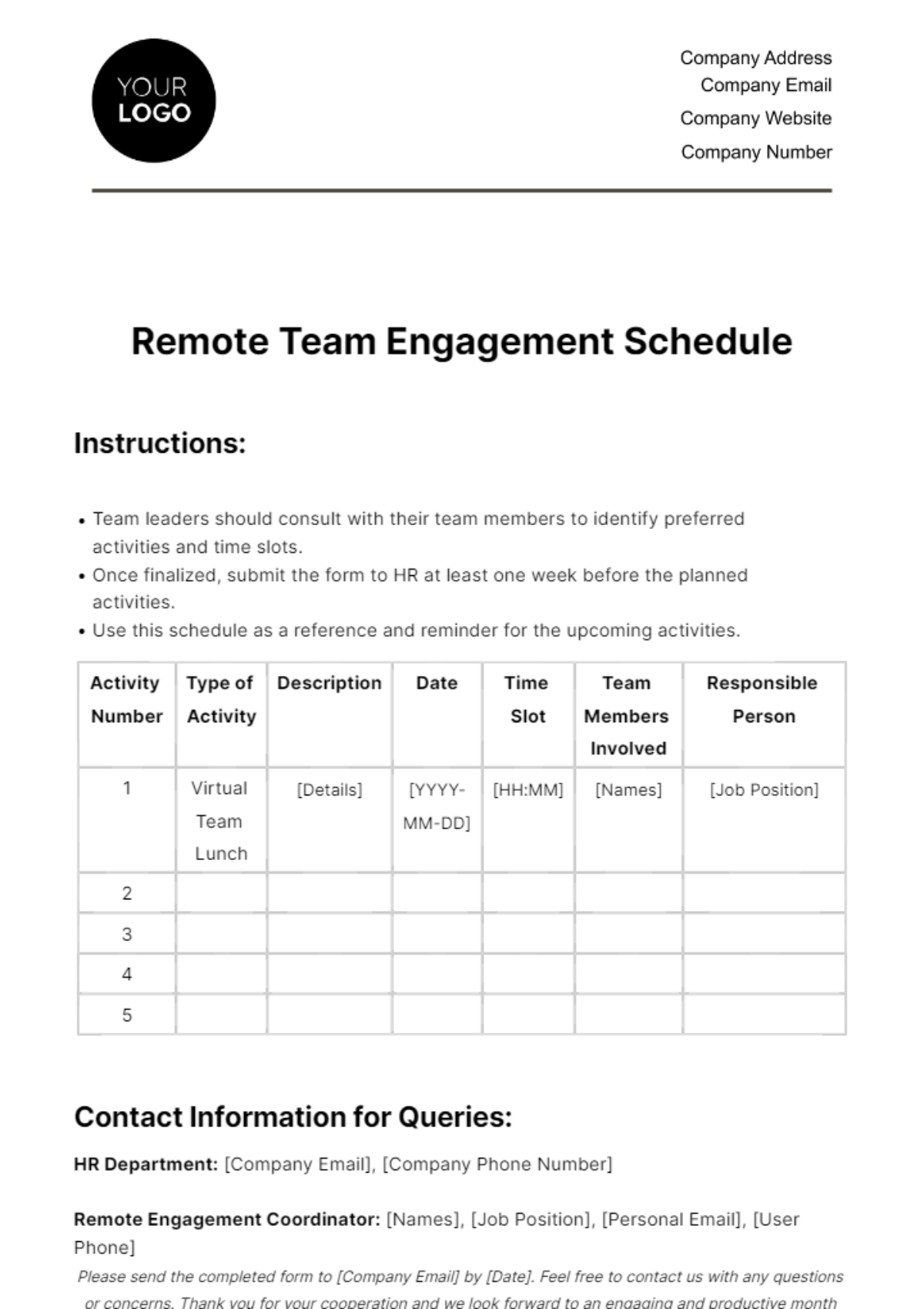 Remote Team Engagement Schedule HR Template