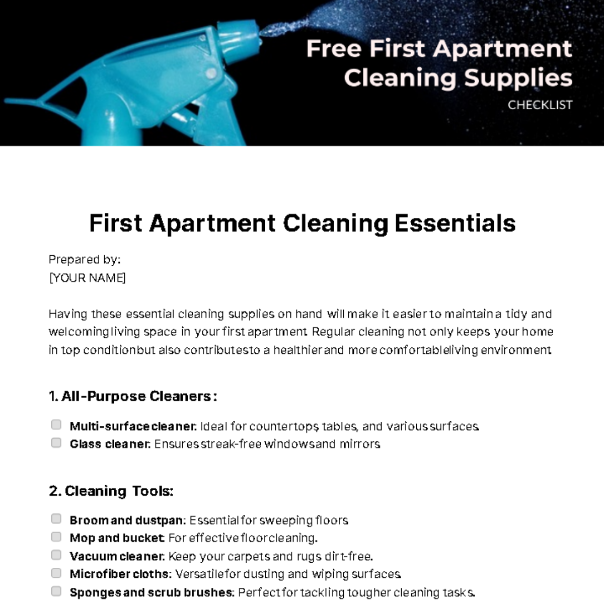 First Apartment Cleaning Supplies Checklist Template