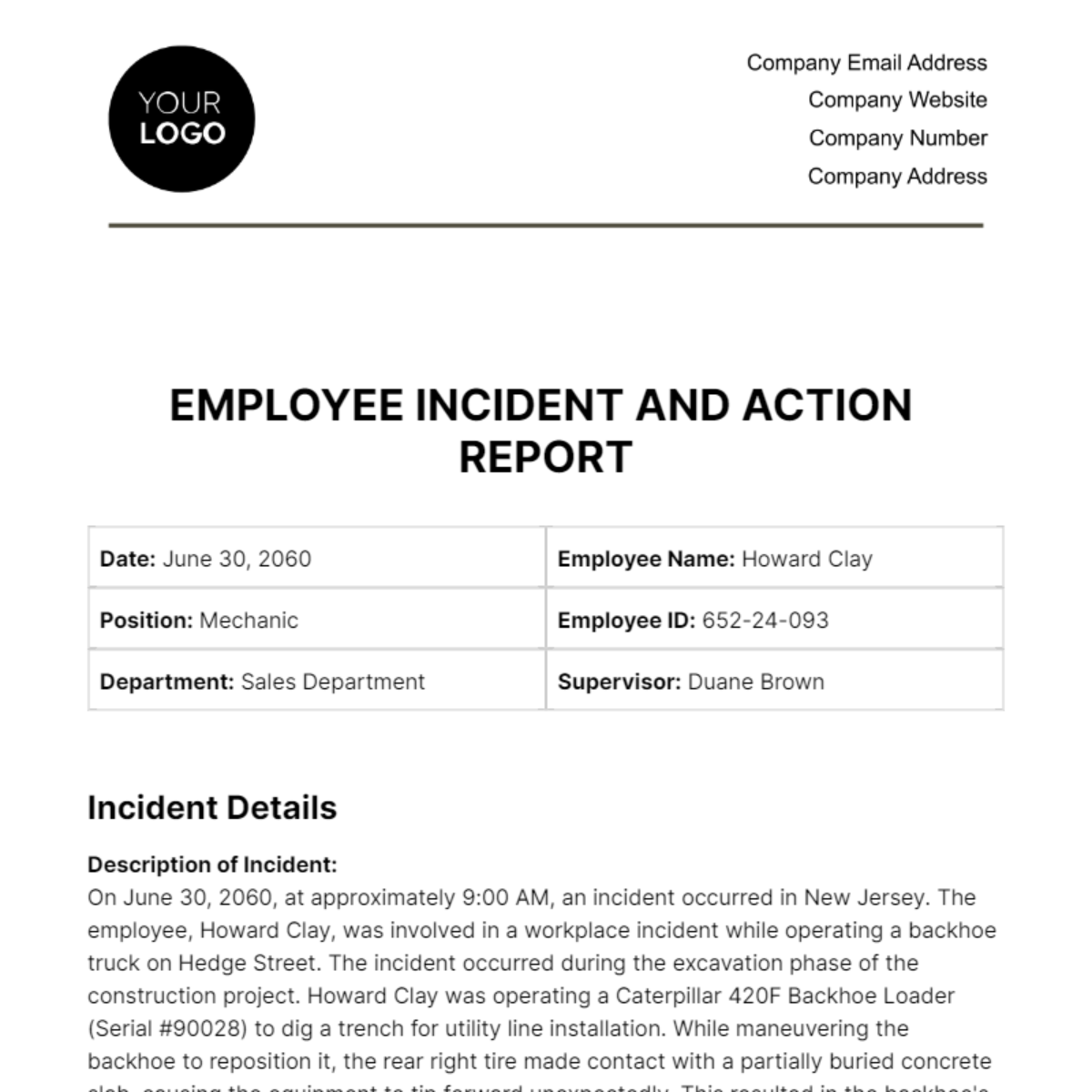 Free Employee Incident and Action Report HR Template