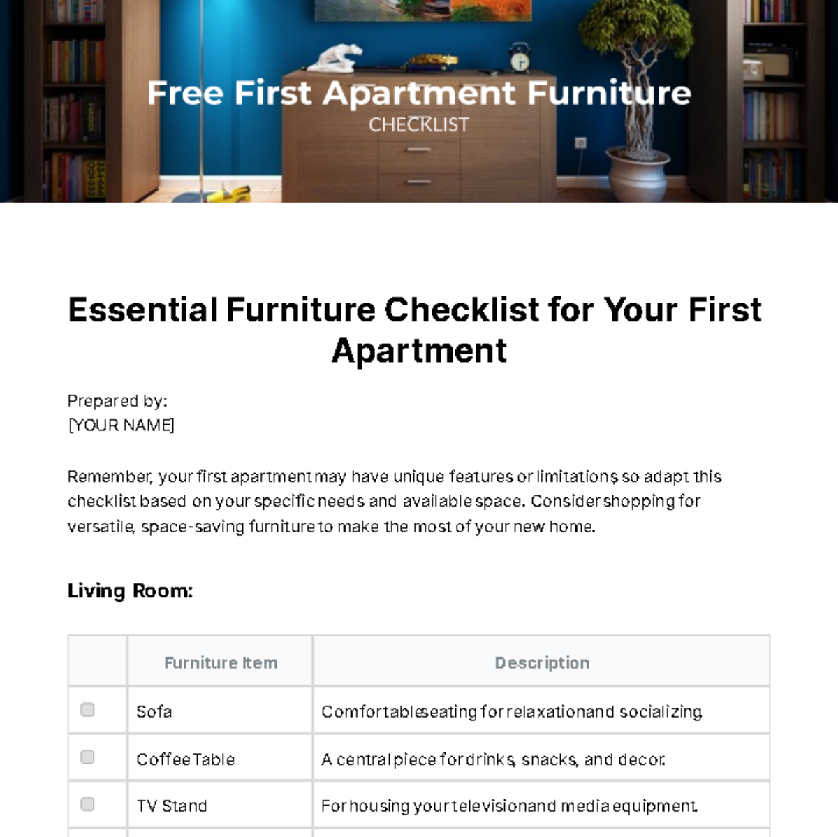 Free First Apartment Furniture Checklist Template