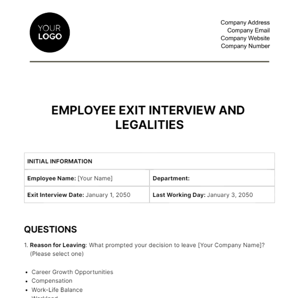 Employee Exit Interview and Legalities HR Template