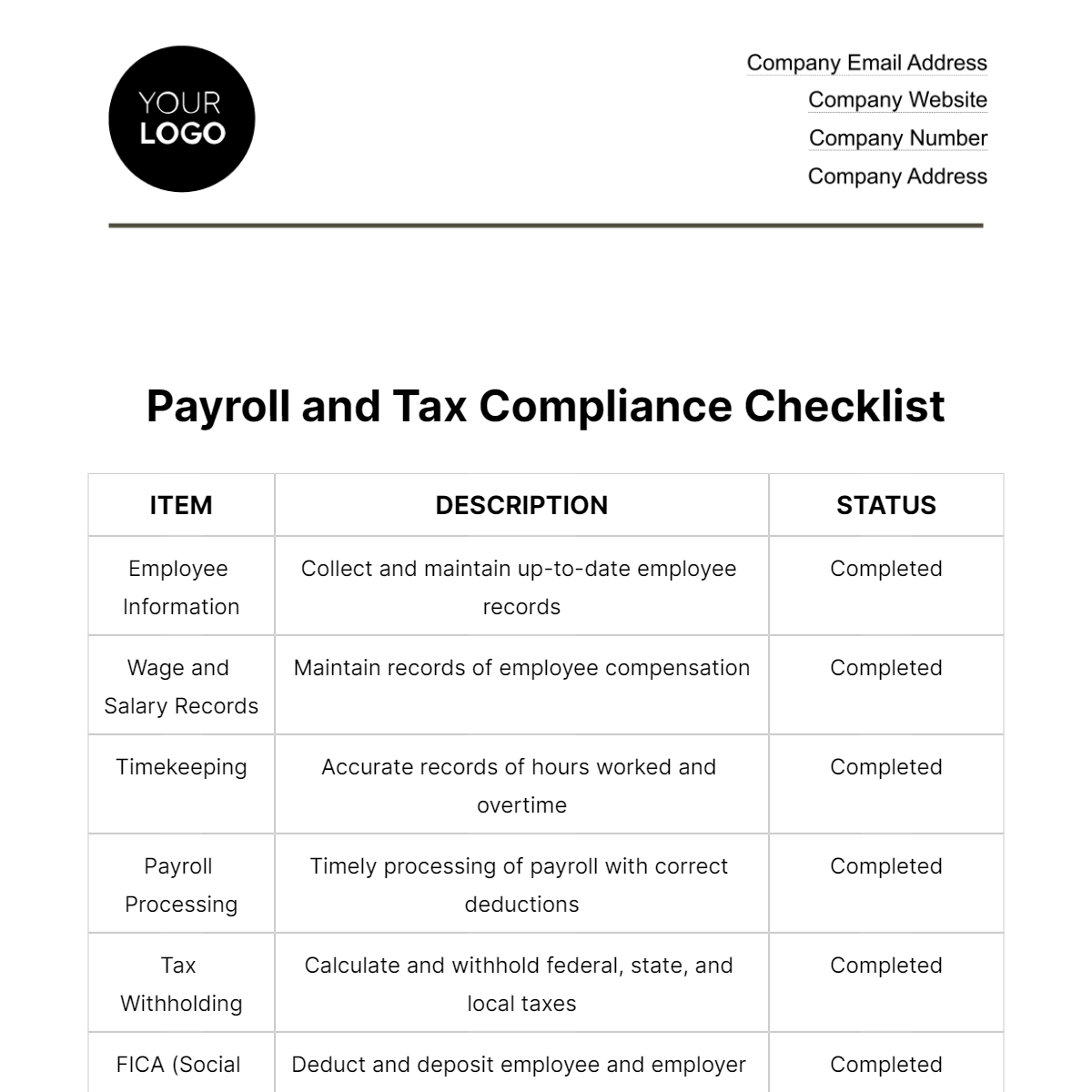 Payroll and Tax Compliance Checklist HR Template