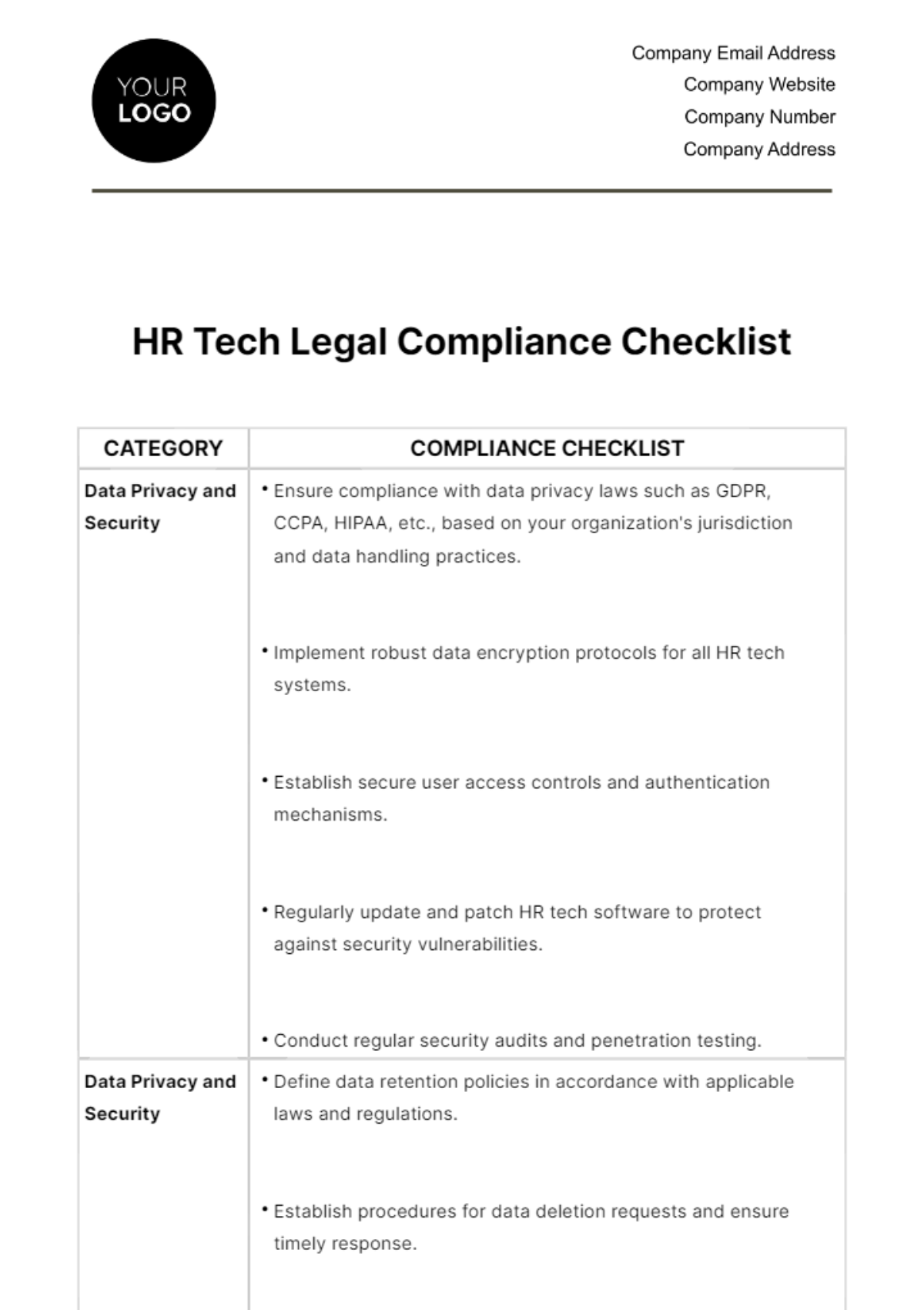 HR Tech Legal Compliance Checklist Template