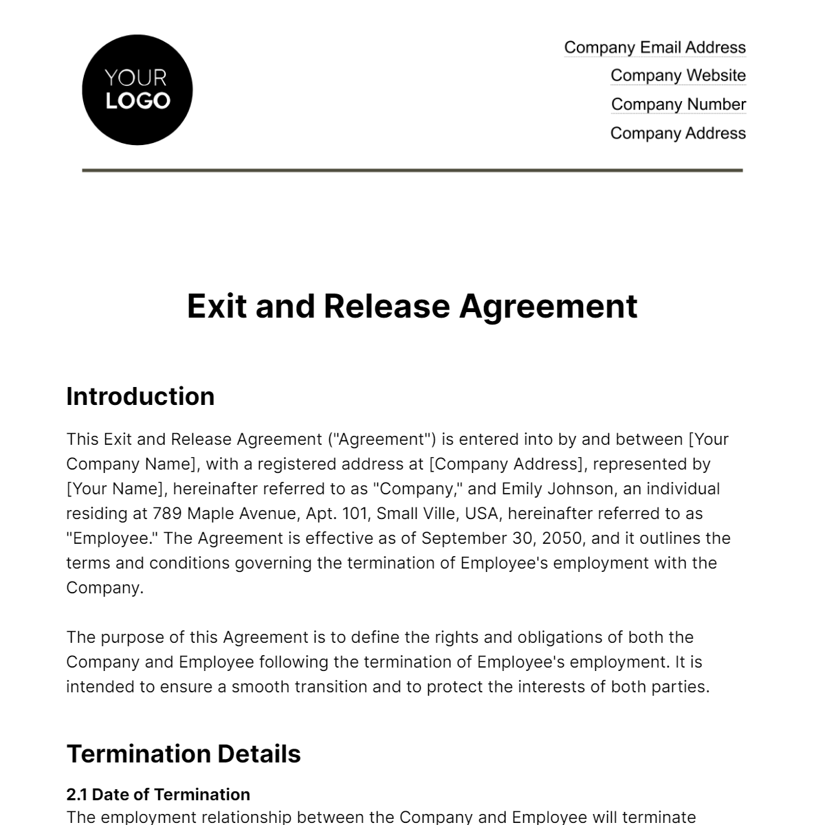 Exit and Release Agreement HR Template