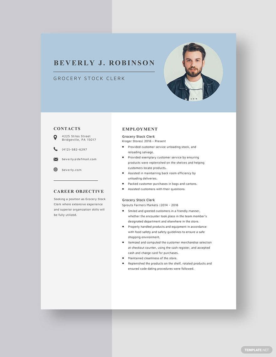 Free Grocery Stock Clerk Resume in Word, Apple Pages
