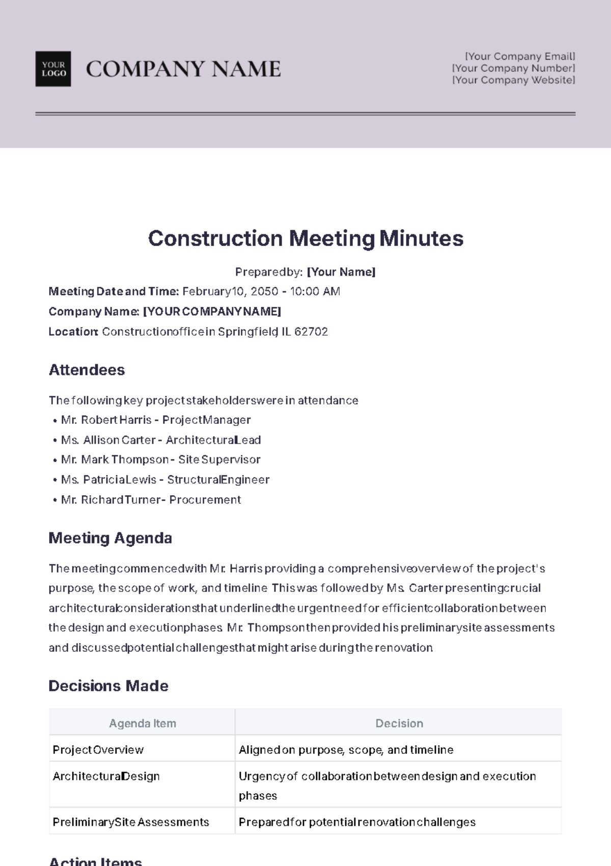 Construction Meeting Minutes Template