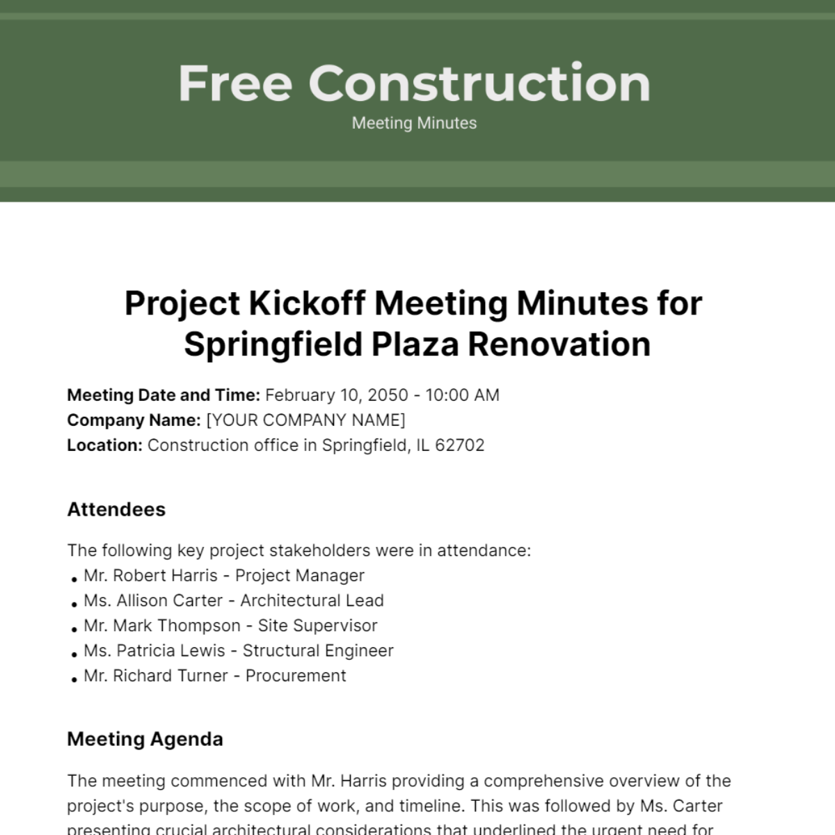 Construction Meeting Minutes Template