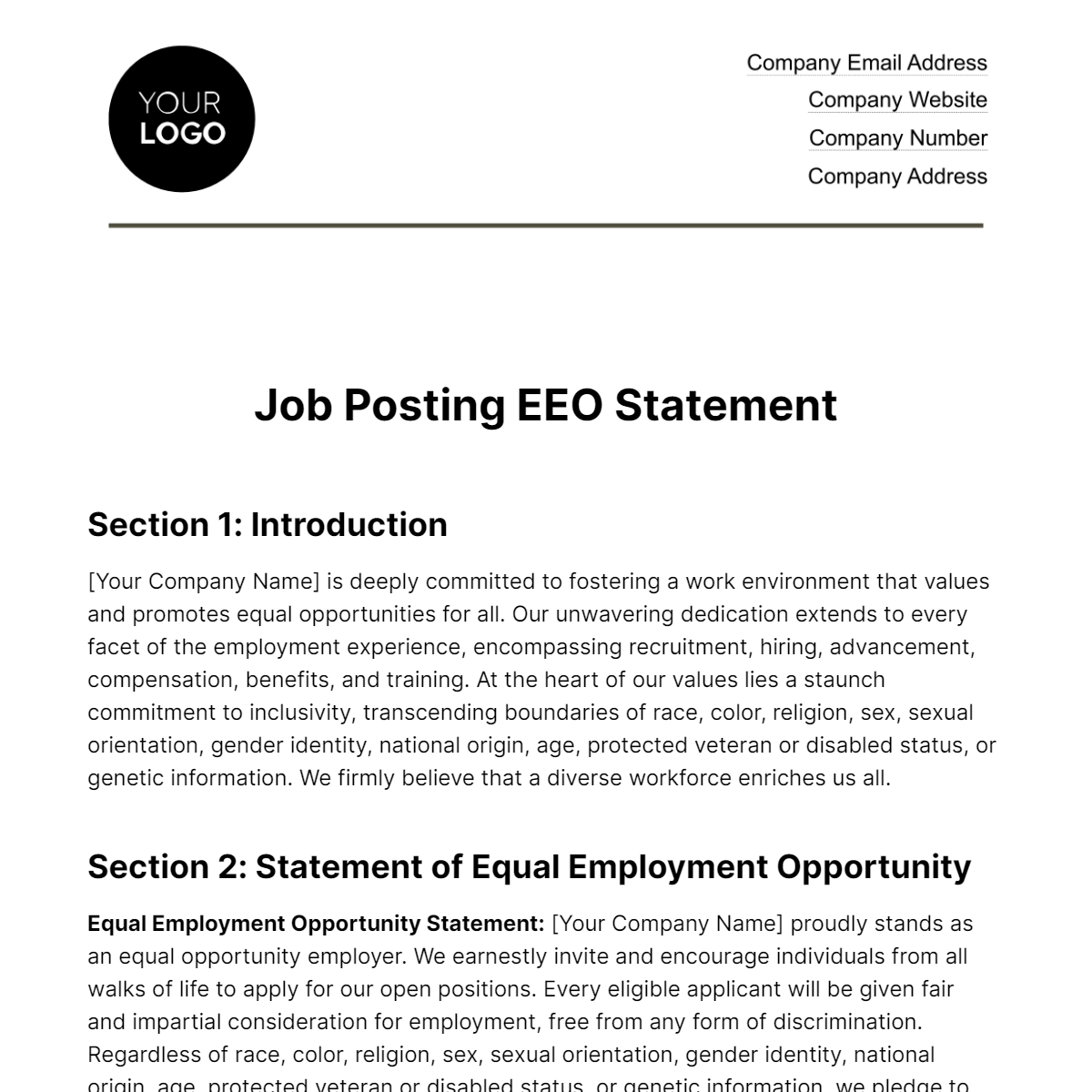 Job Posting EEO Statement HR Template
