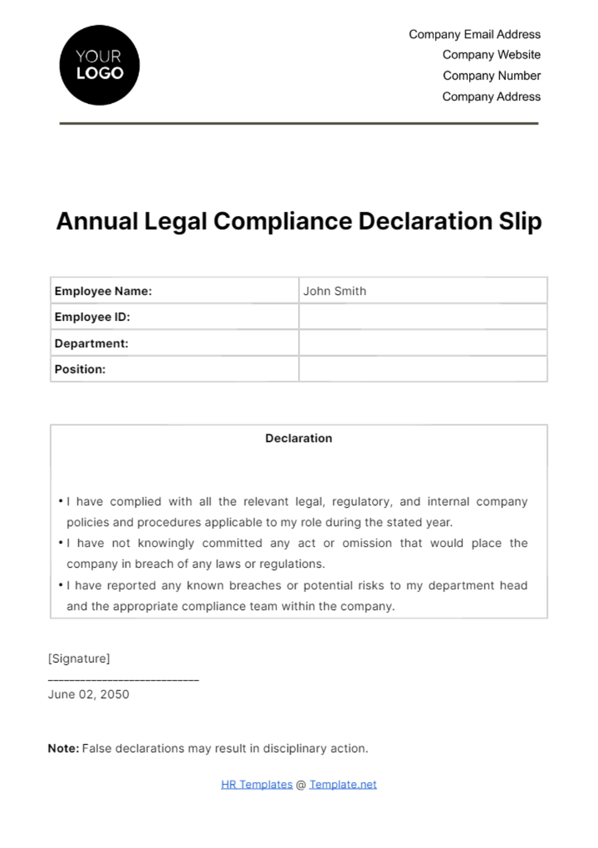 Free Annual Legal Compliance Declaration Slip HR Template