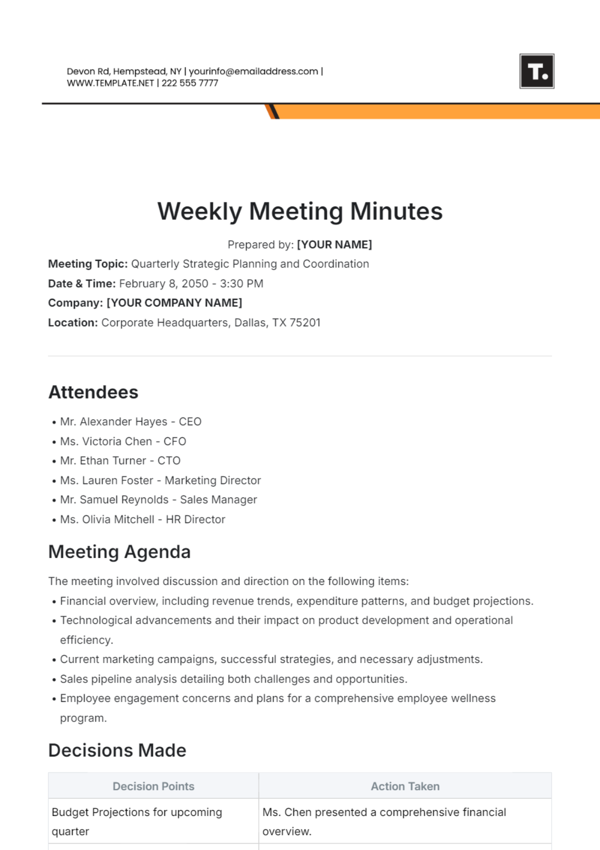 Weekly Meeting Minutes Template - Edit Online & Download