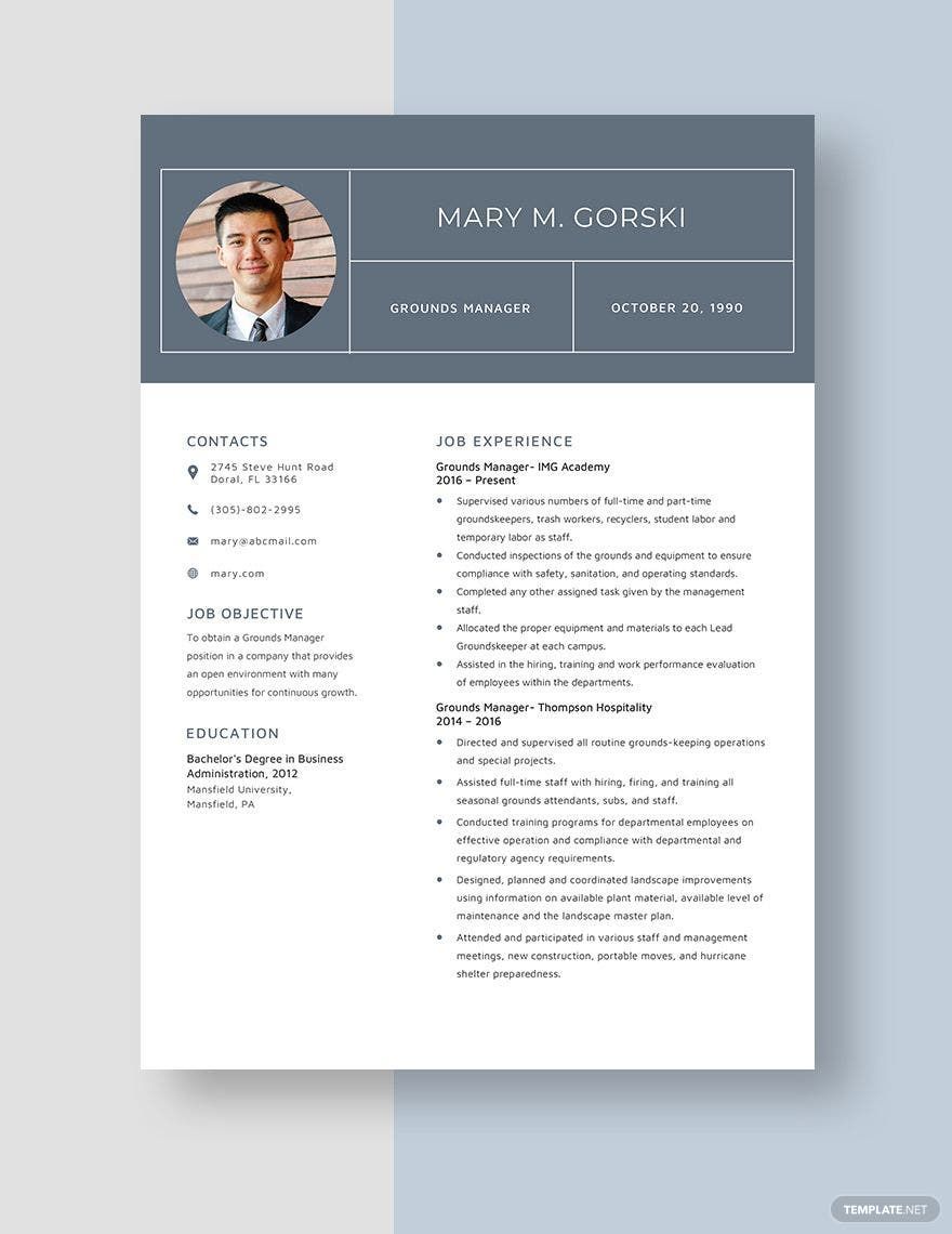 Grounds Manager Resume in Word, Apple Pages