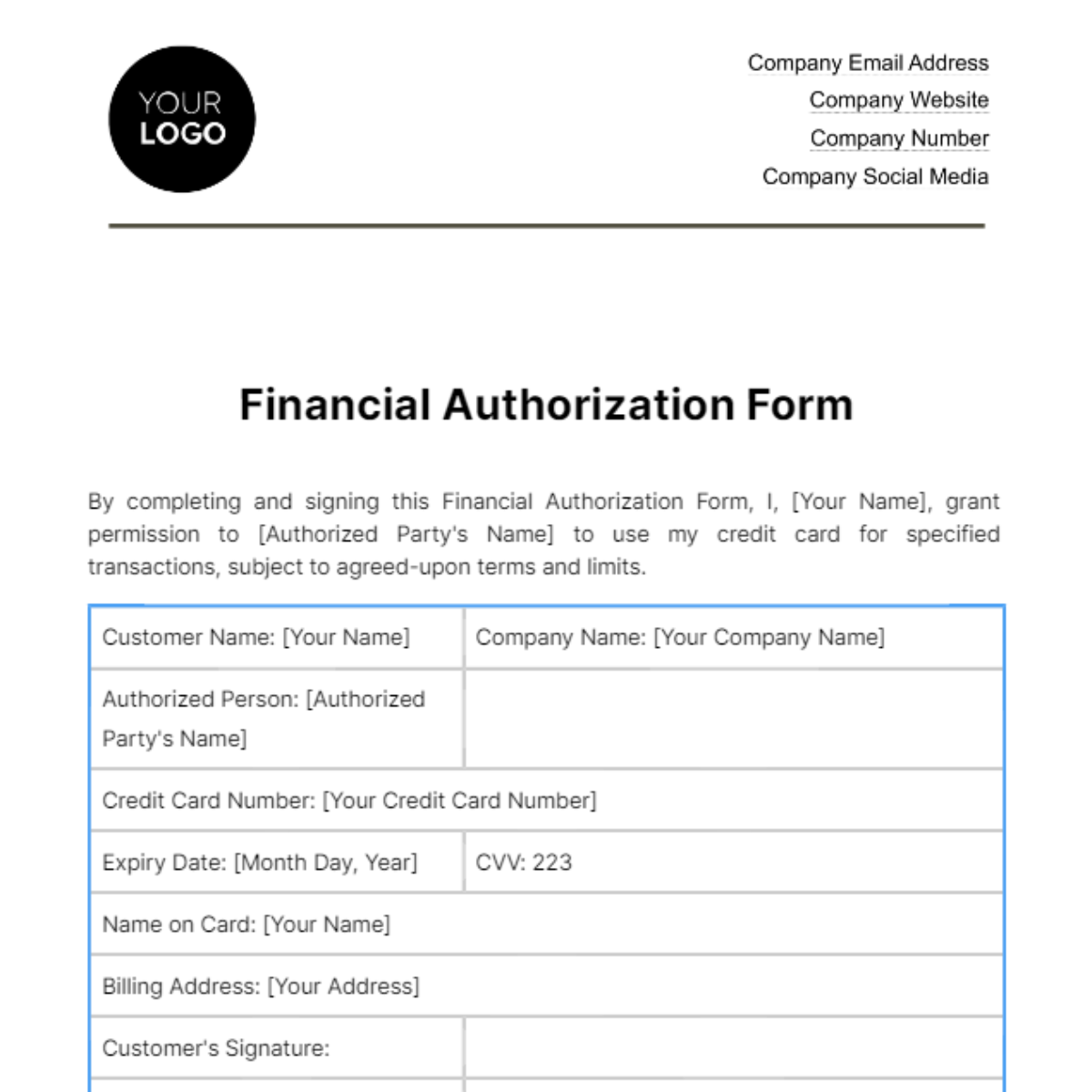 Financial Authorization Form Template