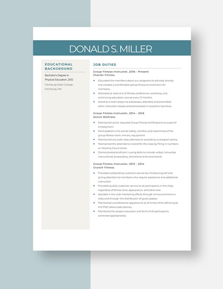 Group Fitness Instructor Resume  Template