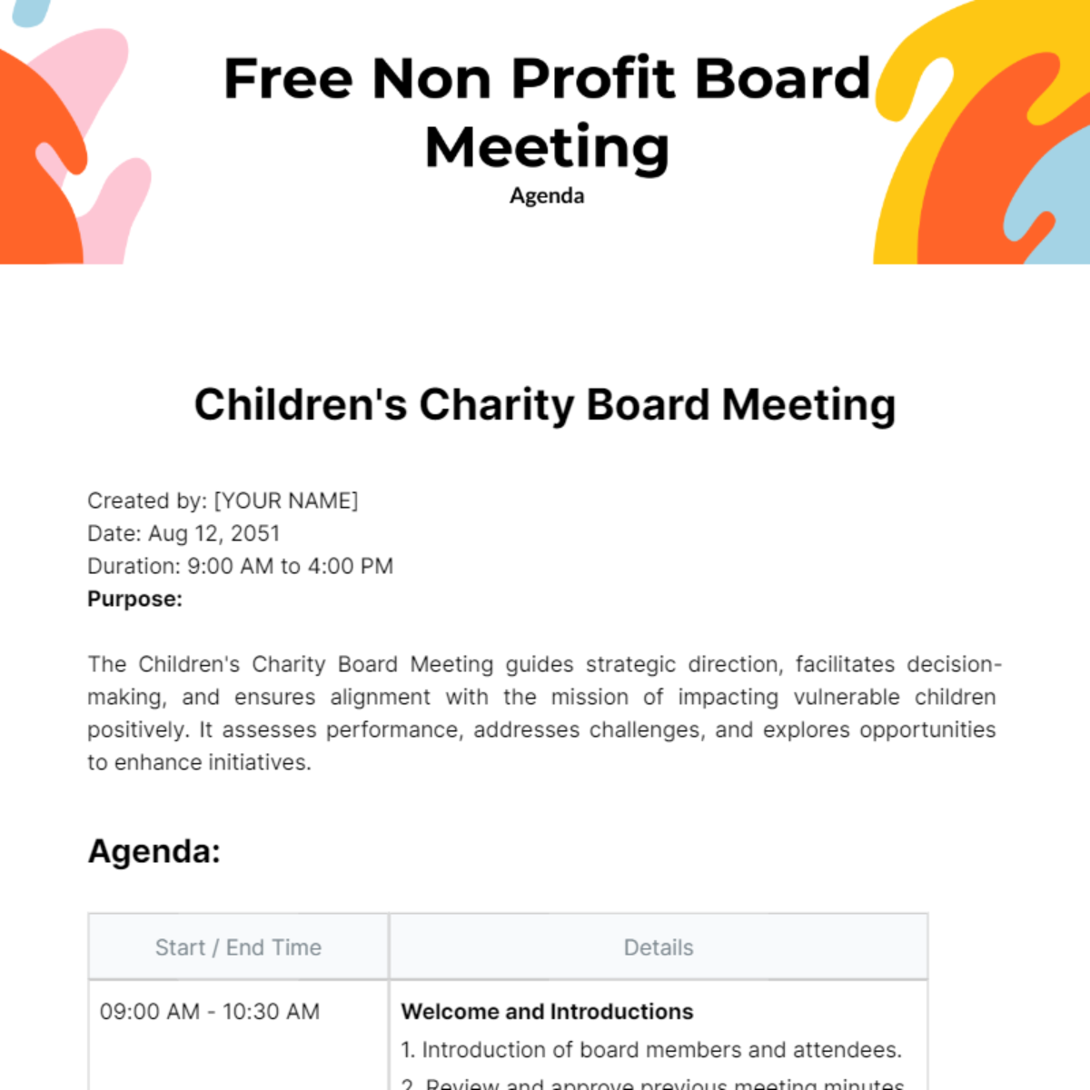 Non Profit Board Meeting Agenda  Template