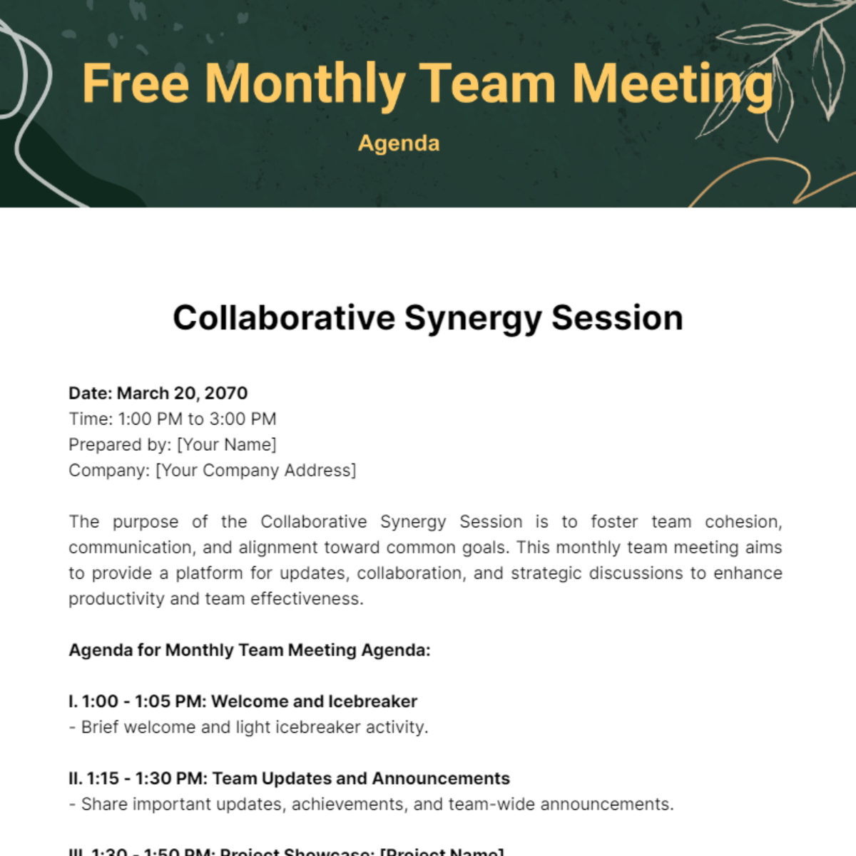 Monthly Team Meeting Agenda  Template