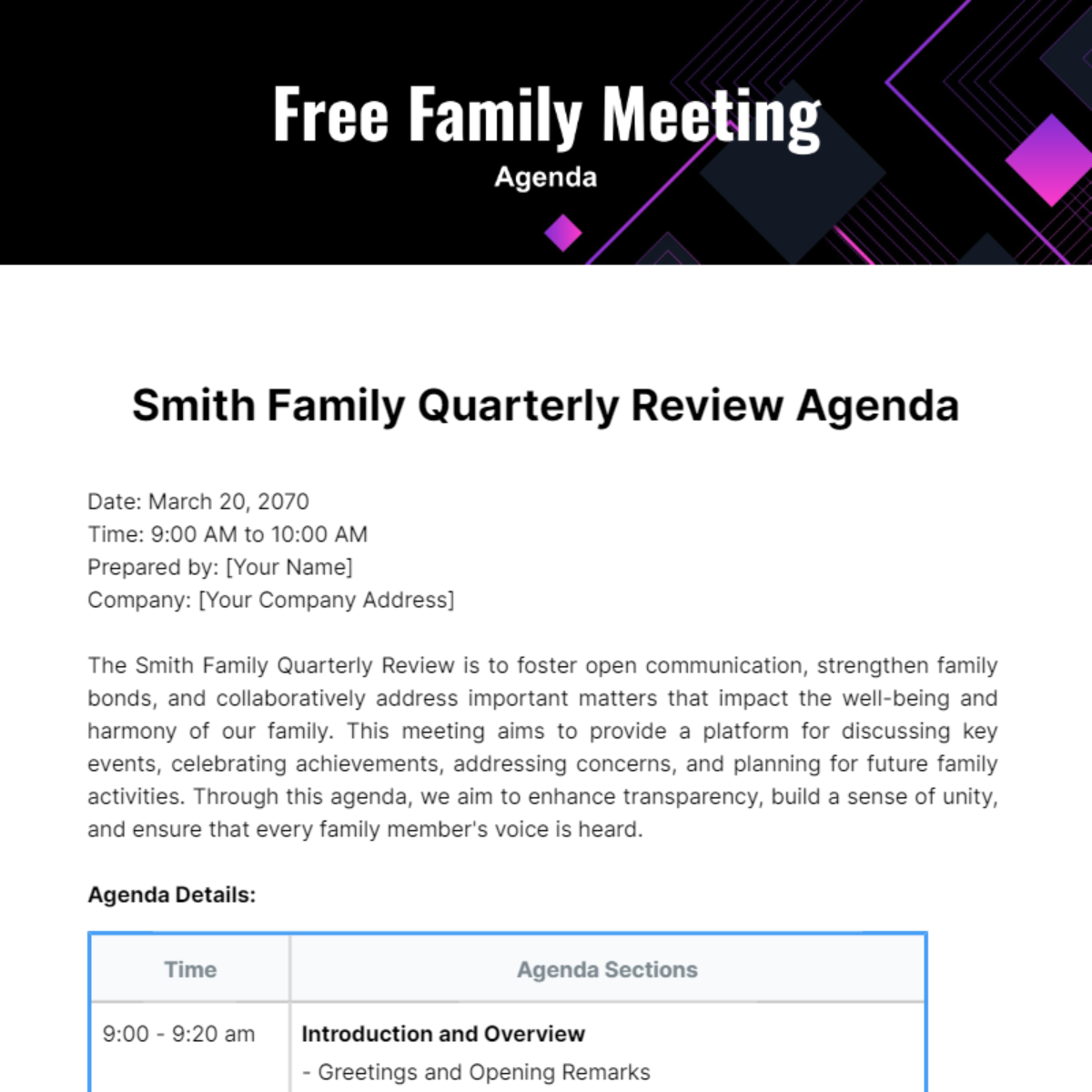 Family Meeting Agenda  Template