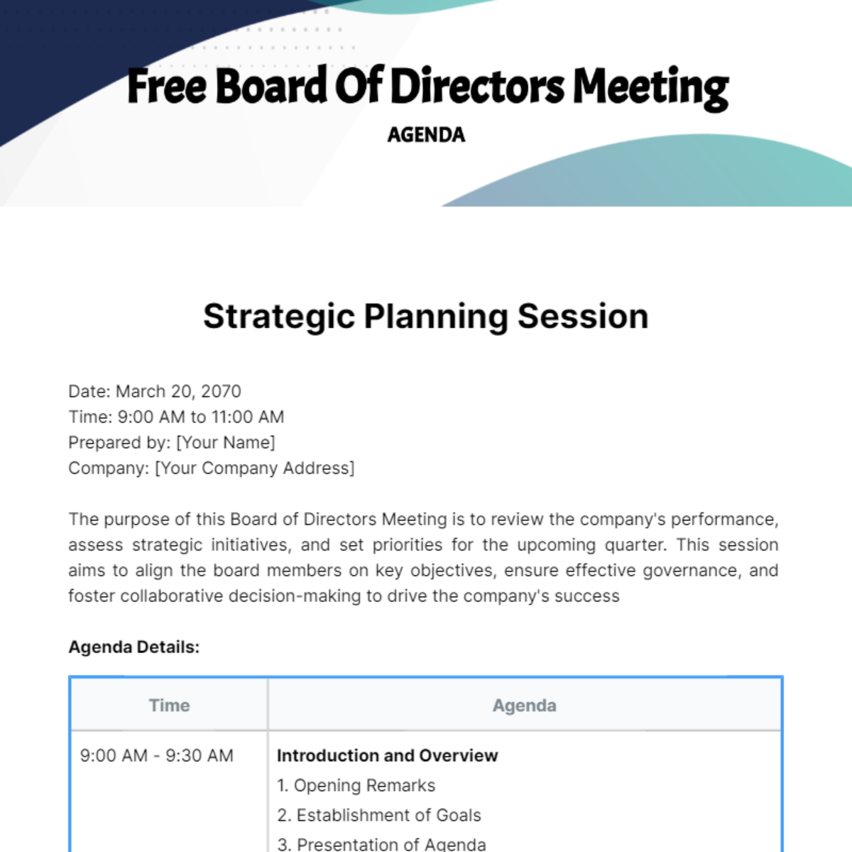 Board Of Directors Meeting Agenda  Template