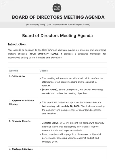 Free Board Of Directors Meeting Agenda Template to Edit Online