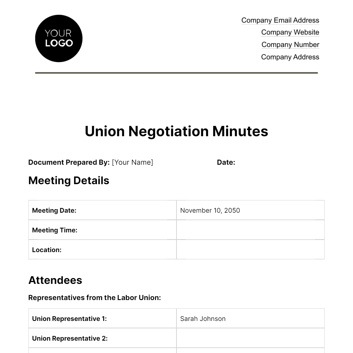 Free Union Negotiation Minutes HR Template