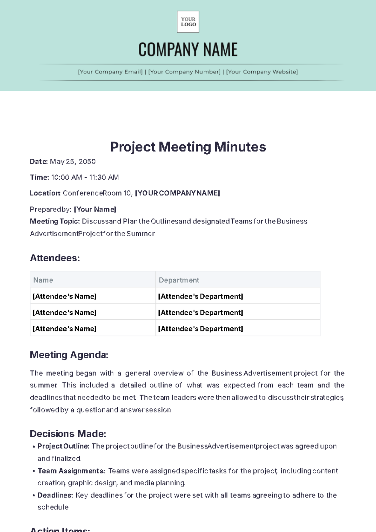 Project Meeting Minutes Outline Template