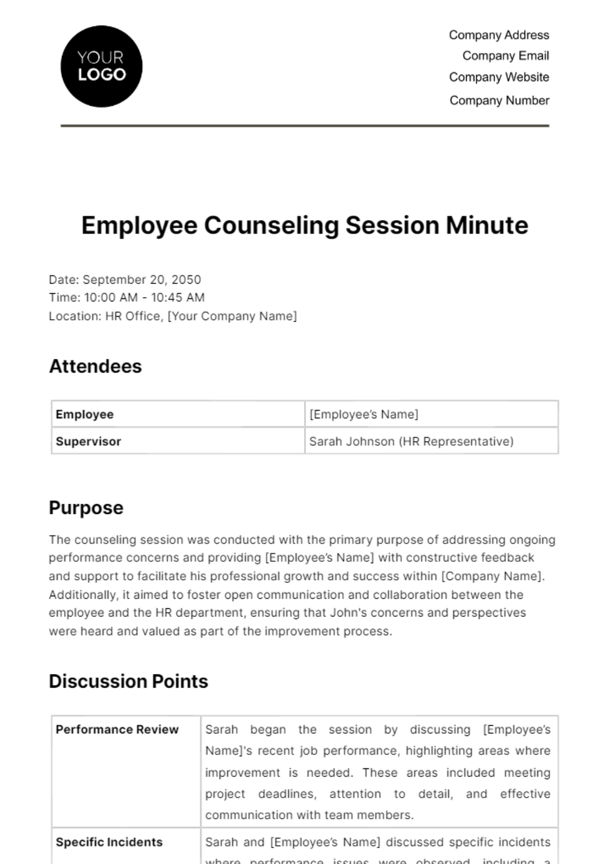 Free Employee Counseling Session Minute HR Template