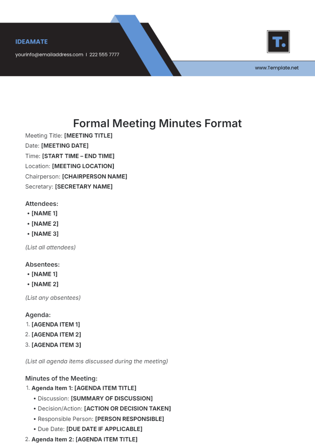 Formal Meeting Minutes Format Template - Edit Online & Download