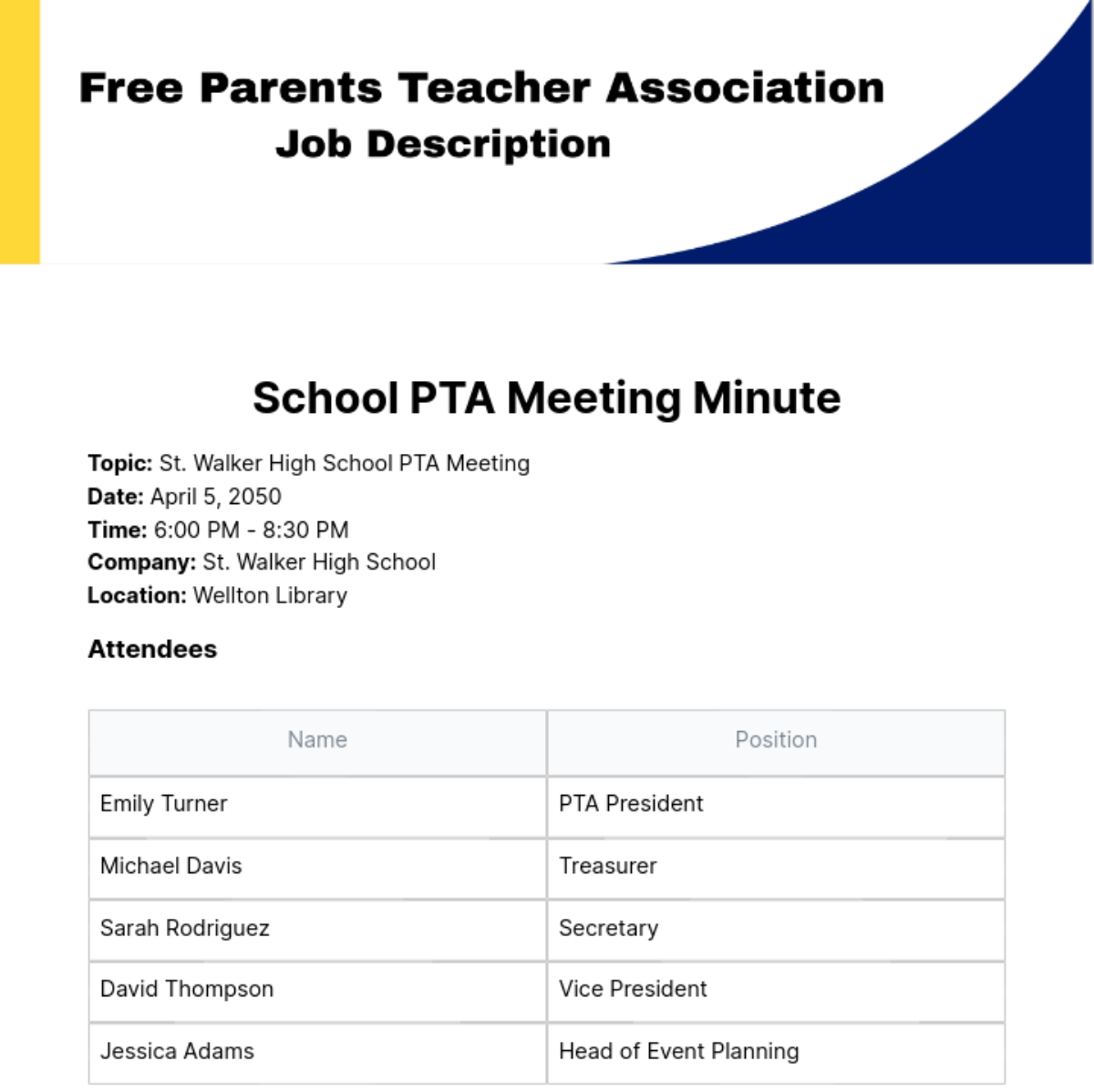 Parents Teacher Association (PTA) Meeting Minutes Template