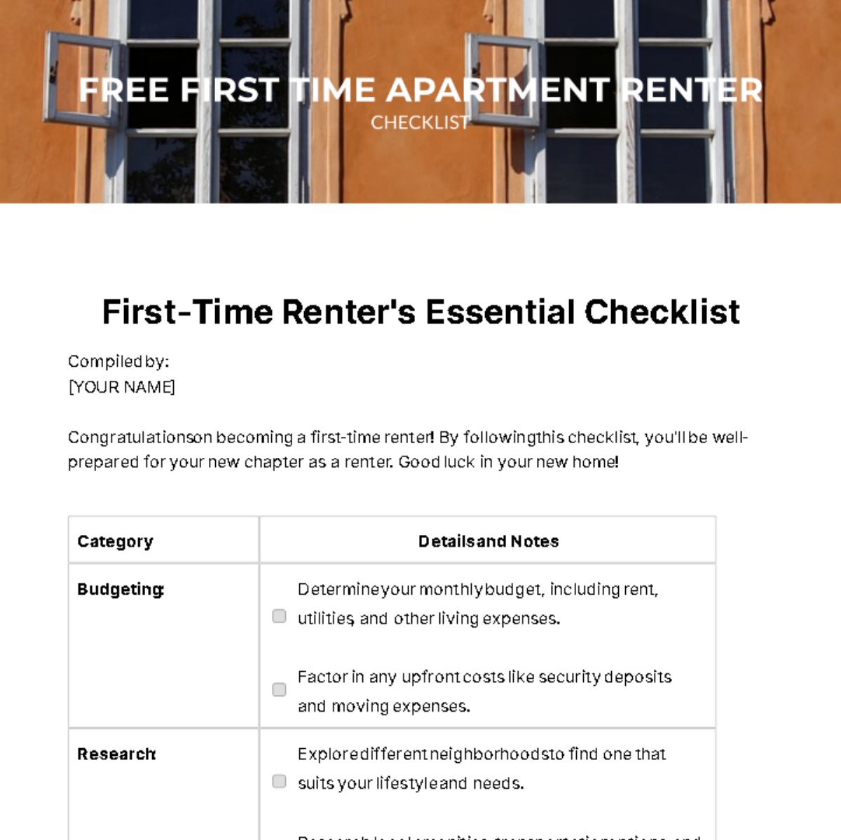 Free First Time Apartment Renter Checklist Template