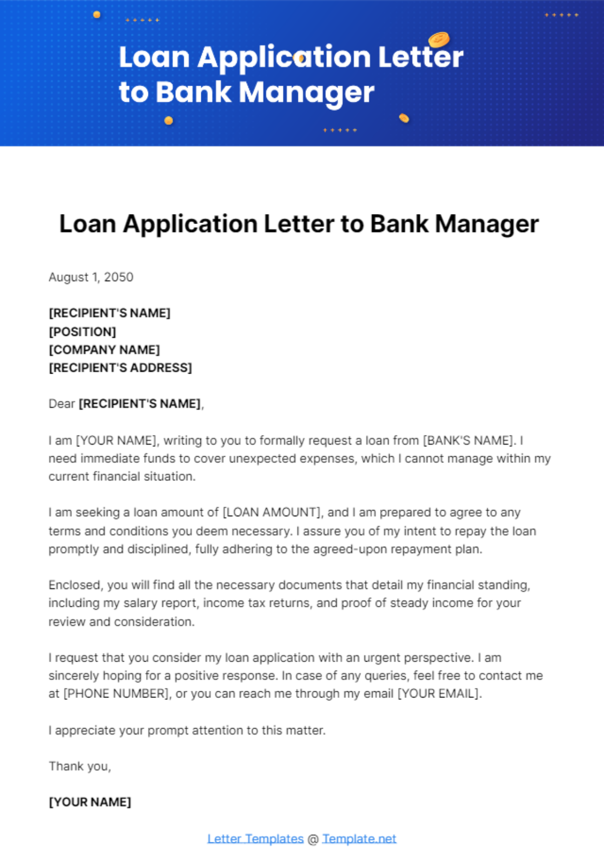 Free Loan Application Letter to Bank Manager Template