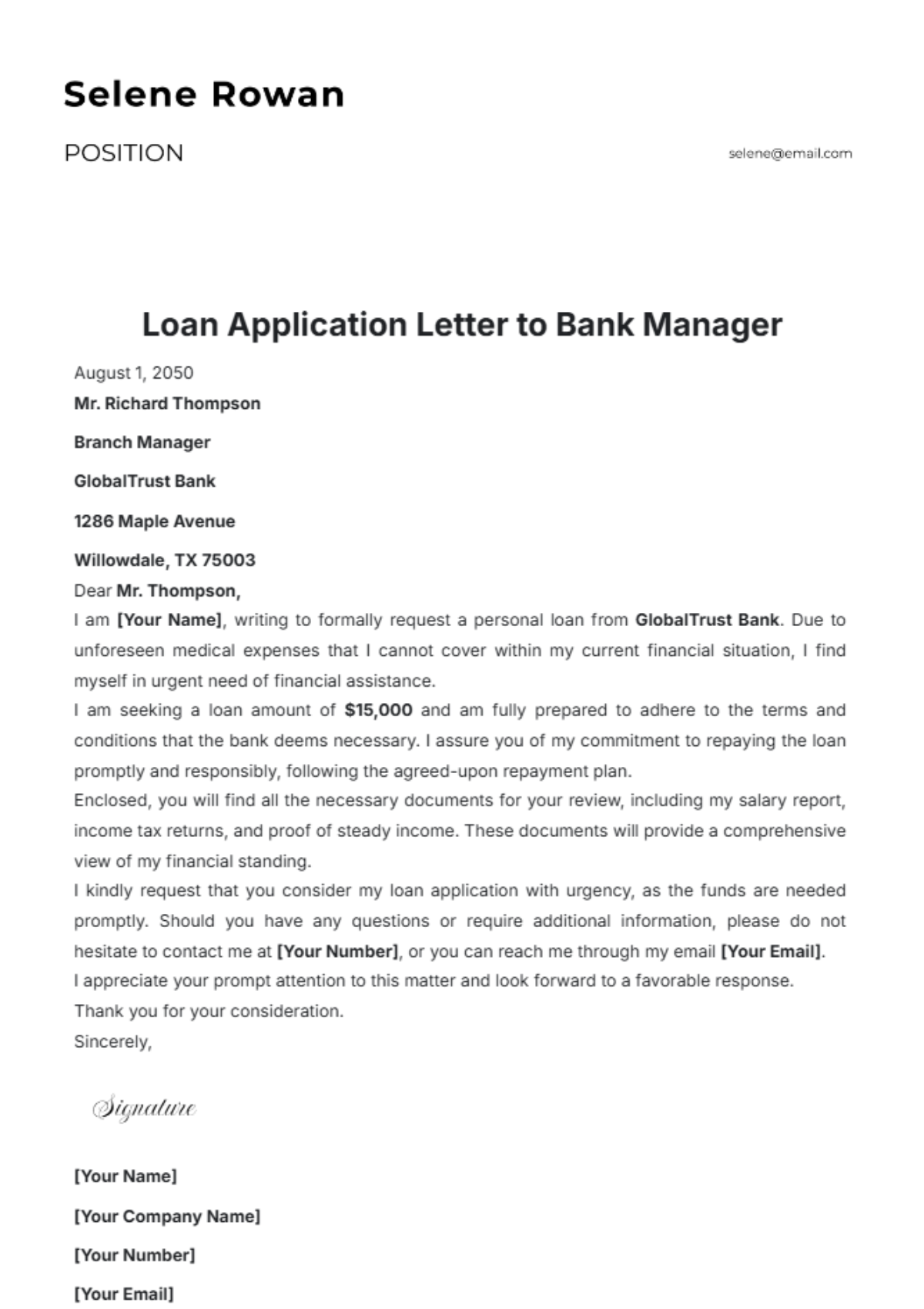 Loan Application Letter to Bank Manager Template