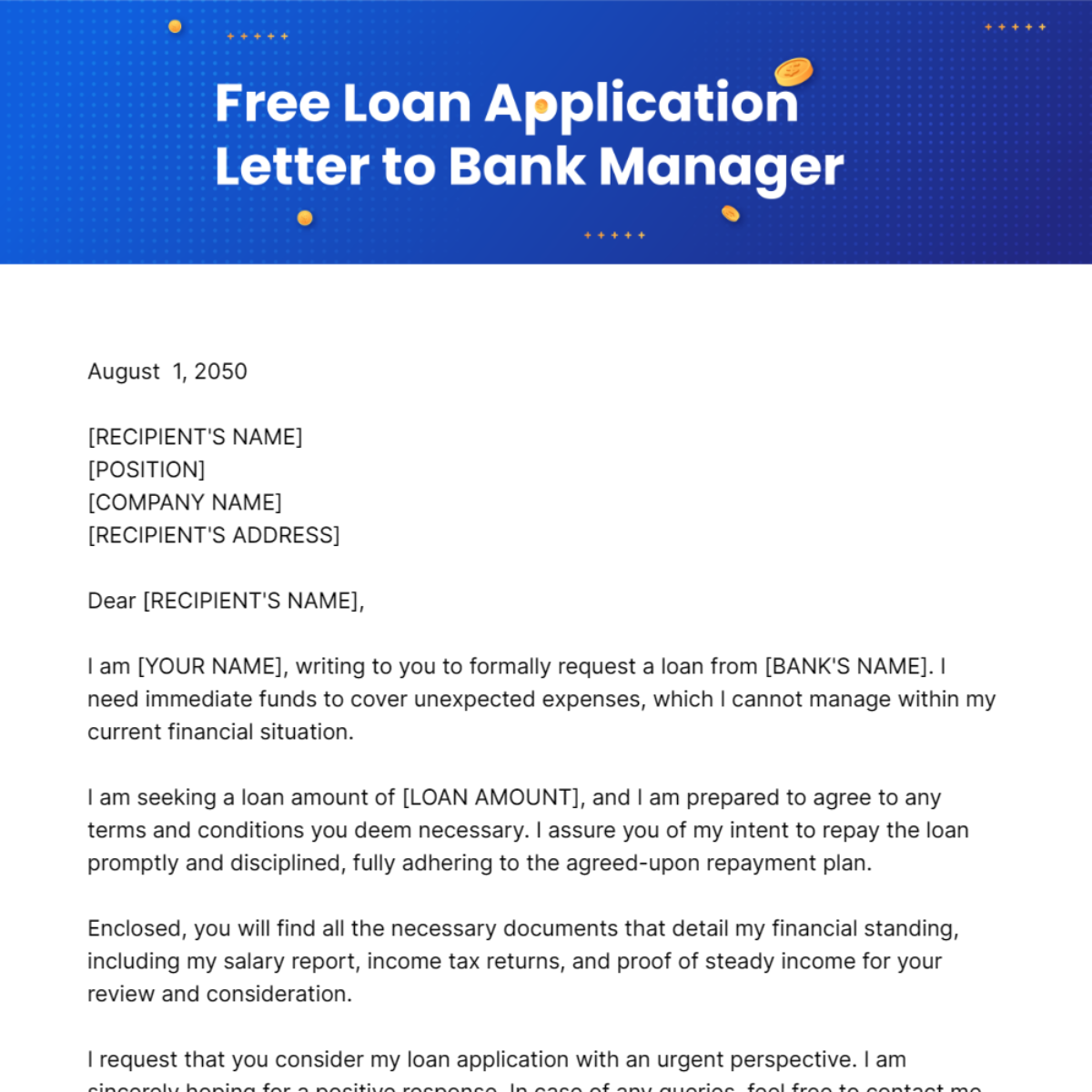 Loan Application Letter to Bank Manager Template