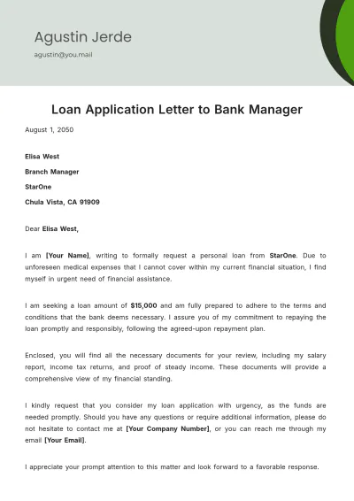 Free Loan Application Letter to Bank Manager Template to Edit Online
