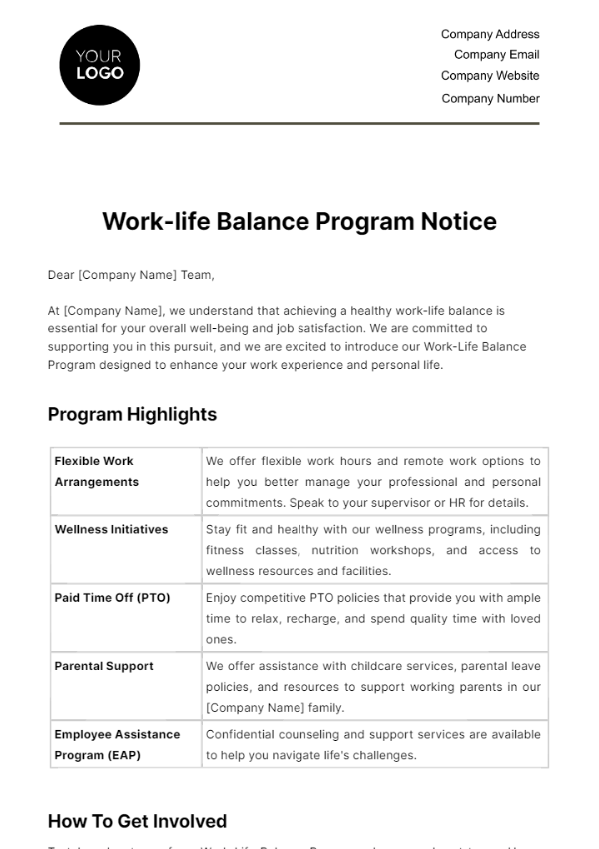 Work-life Balance Program Notice HR Template