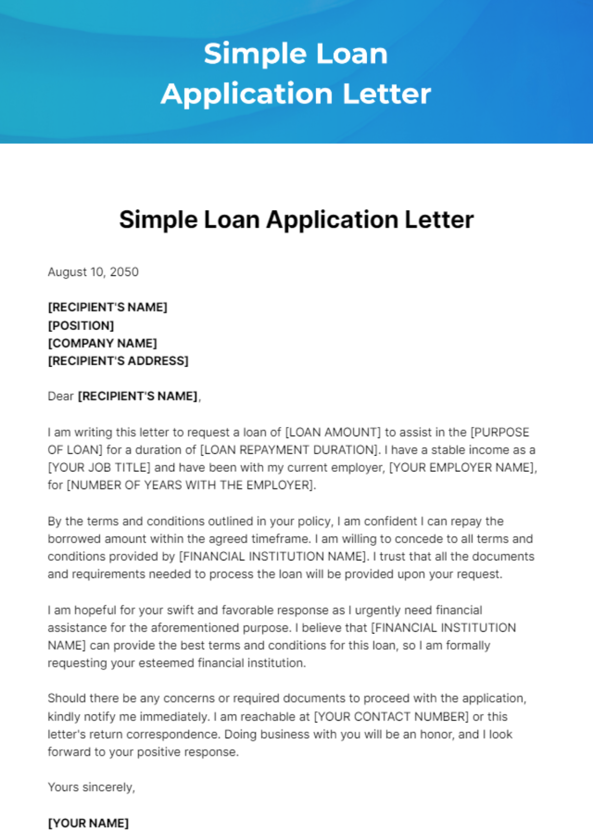 Free Simple Loan Application Letter Template